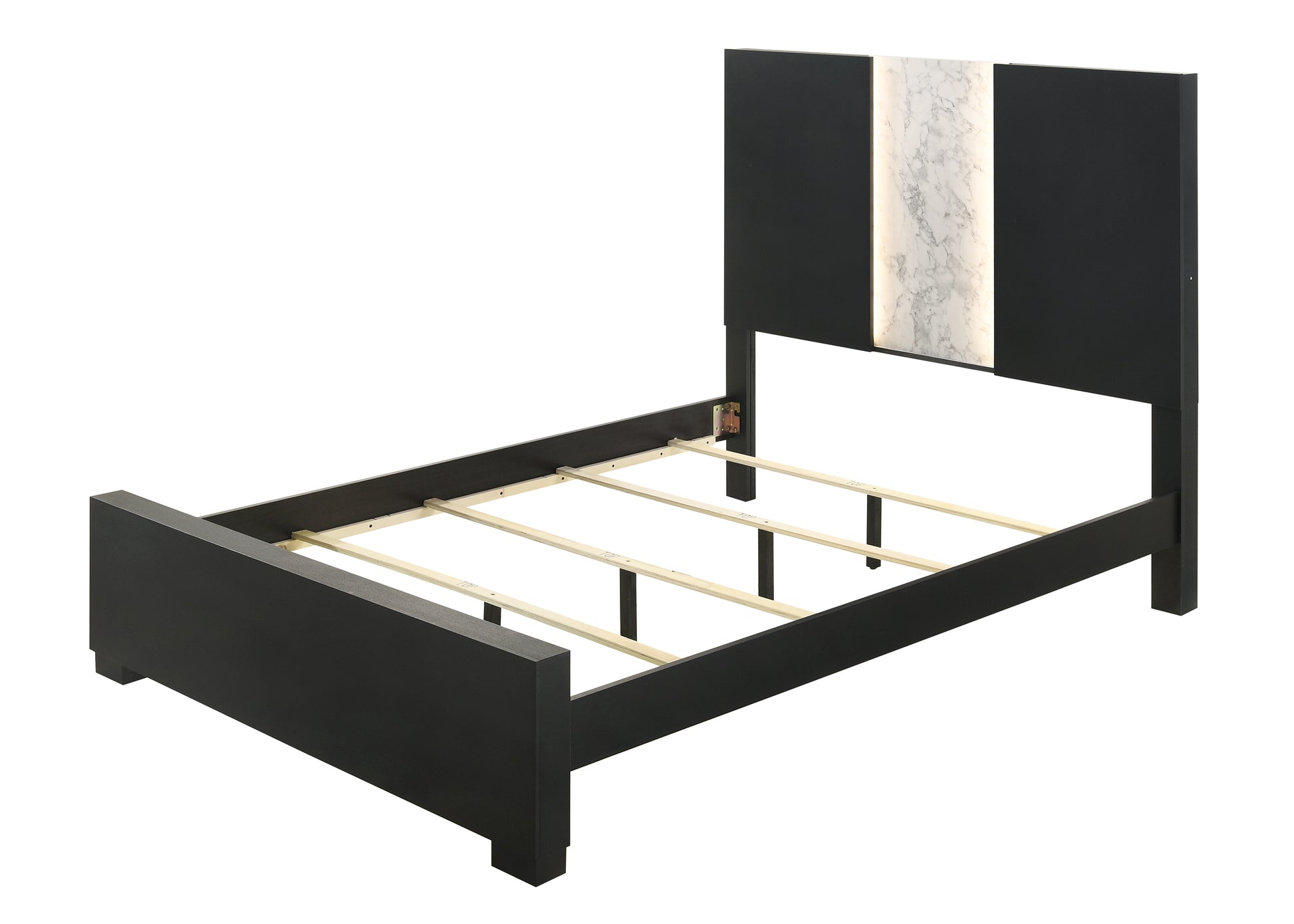 Modern black bed frame with marblepatterned headboard accent