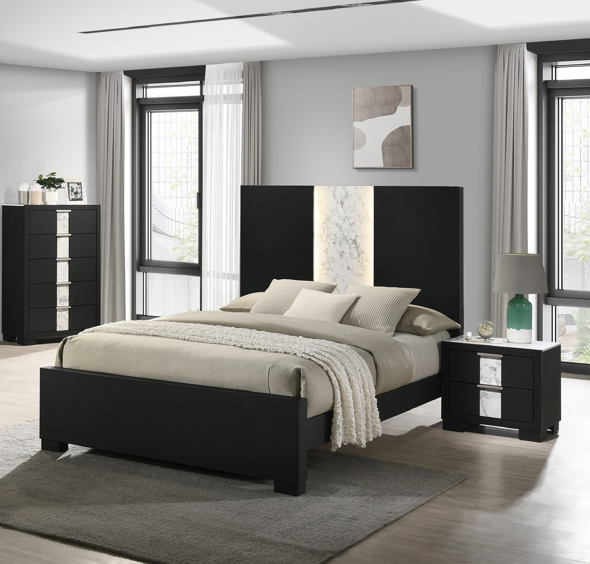 Modern black platform bed with integrated LED marble headboard