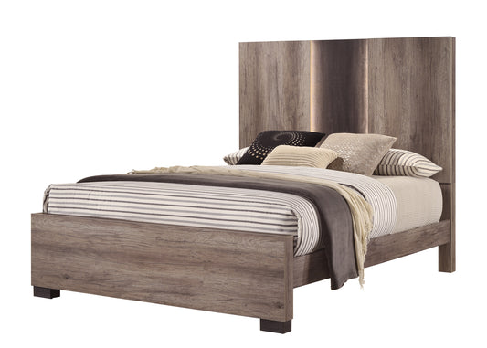 Modern wood panel bed frame with integrated lighting and striped bedding