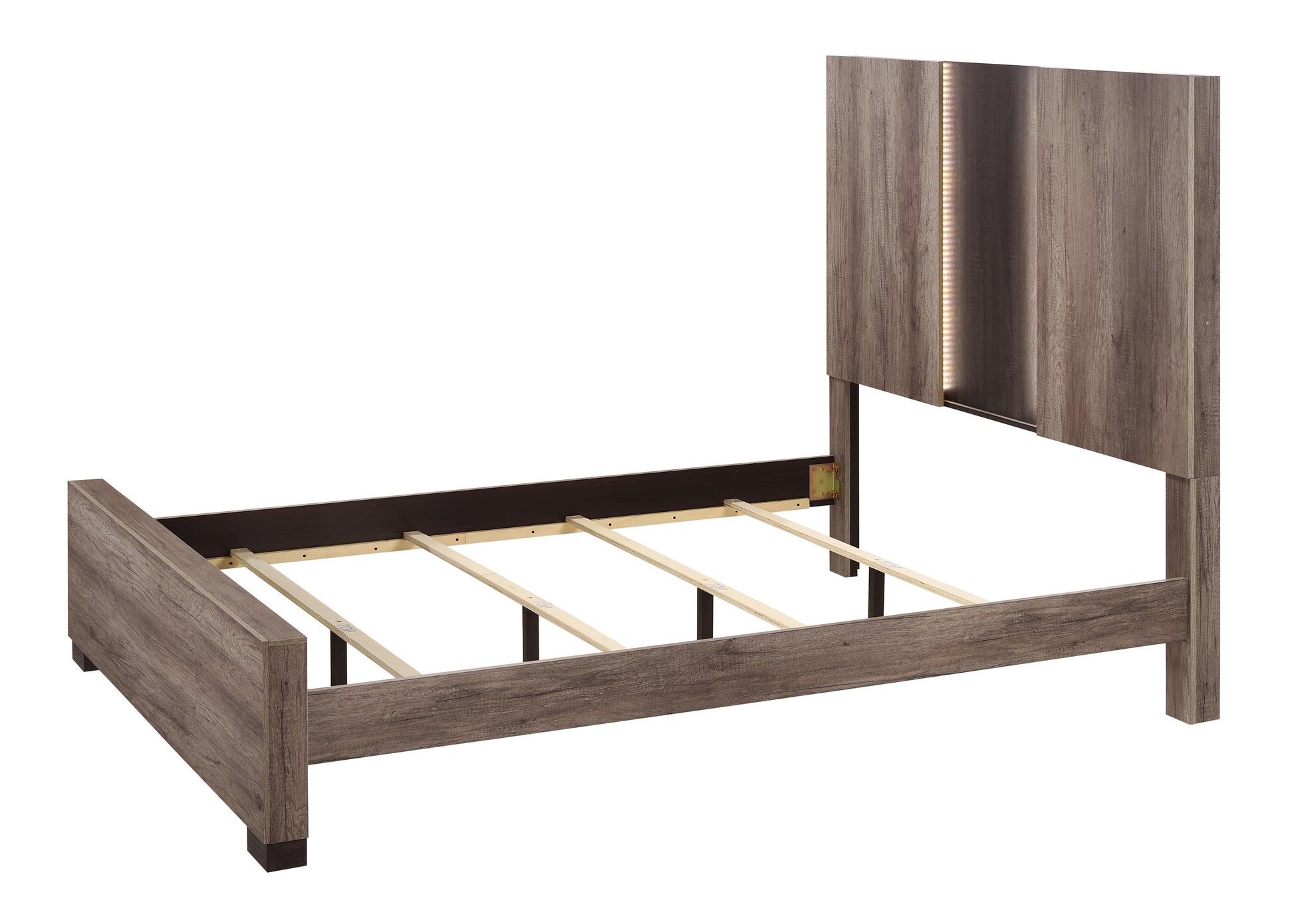 Modern grey wood grain platform bed frame with integrated LED headboard lighting