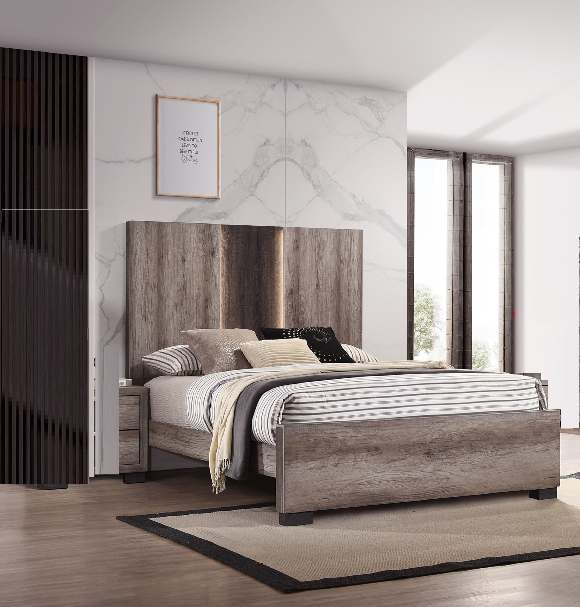 Modern wooden platform bed with integrated LED headboard lighting