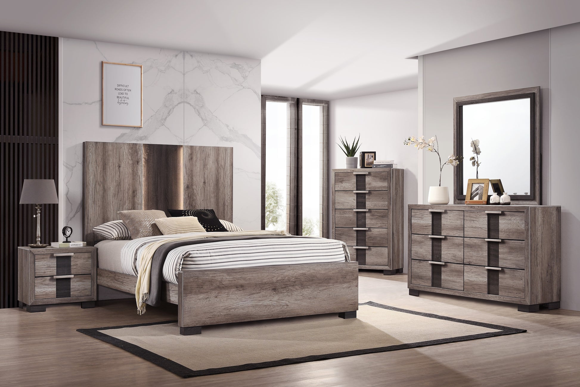 Rustic wood kingsize bed with grey and white striped bedding and matching nightstand