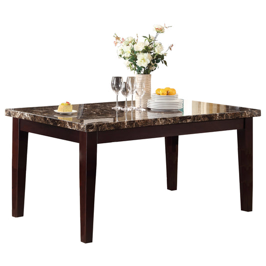 Marble top dining table with dark wood legs