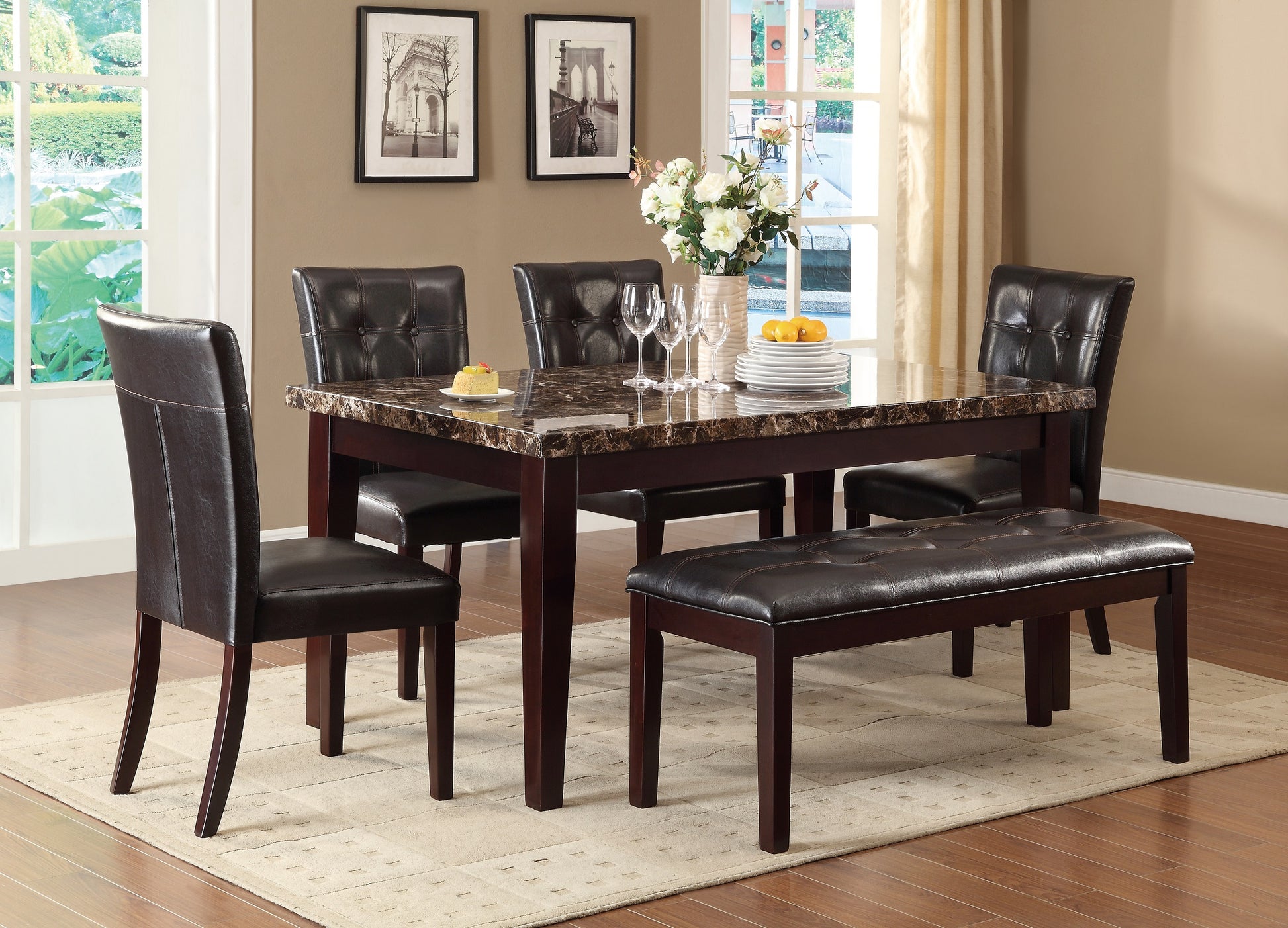 Dark brown faux leather dining chair with button tufted back