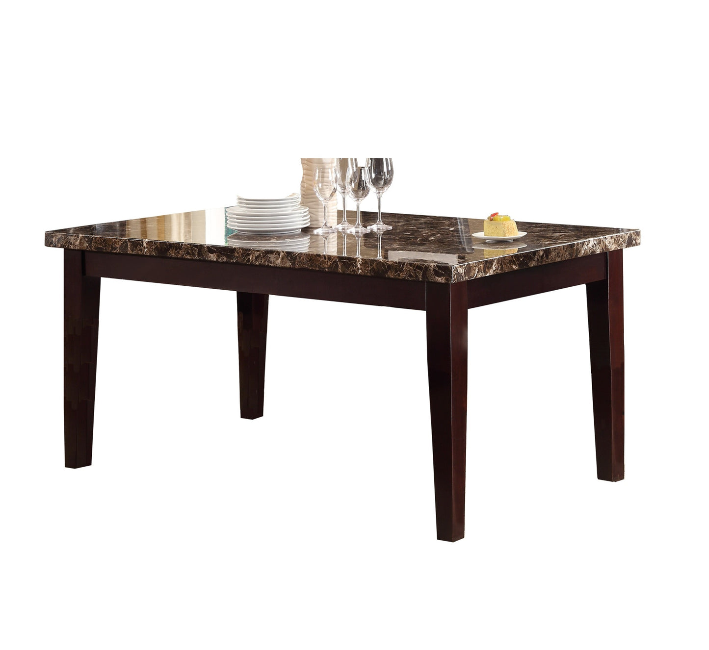 Dark brown wooden dining table with faux marble top place settings and wine glasses