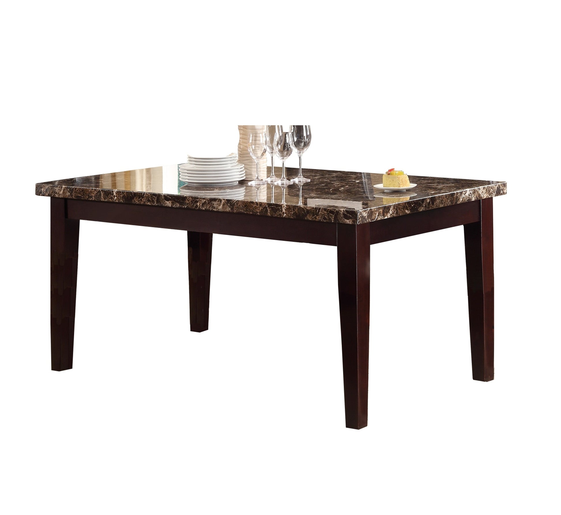 Dark brown wooden dining table with faux marble top place settings and wine glasses