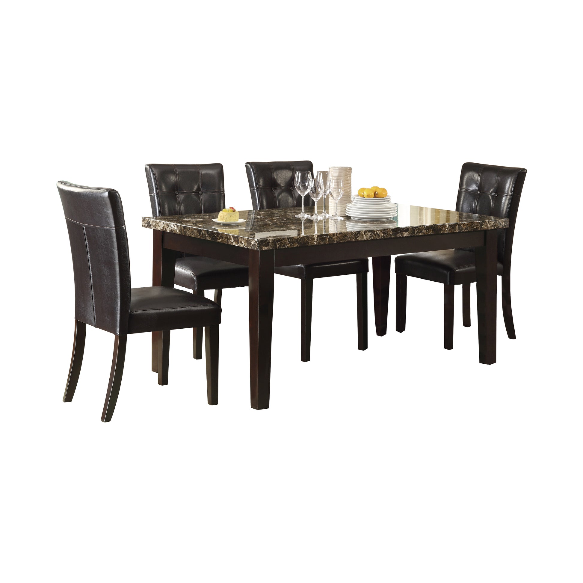 Dark brown faux leather dining chairs with tufted backs around a marbletop dining table