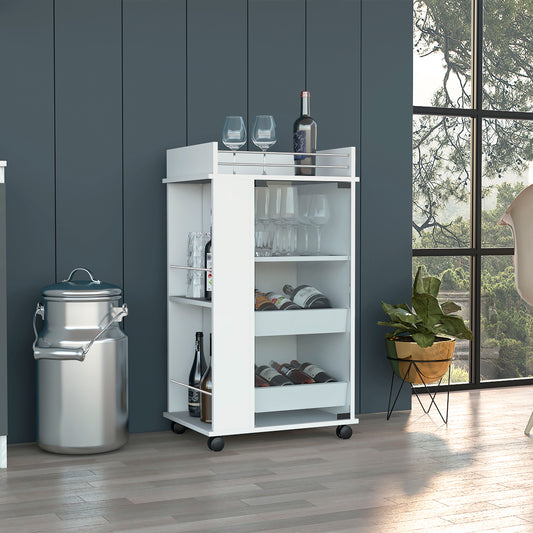 White bar cart with wine bottles and glassware