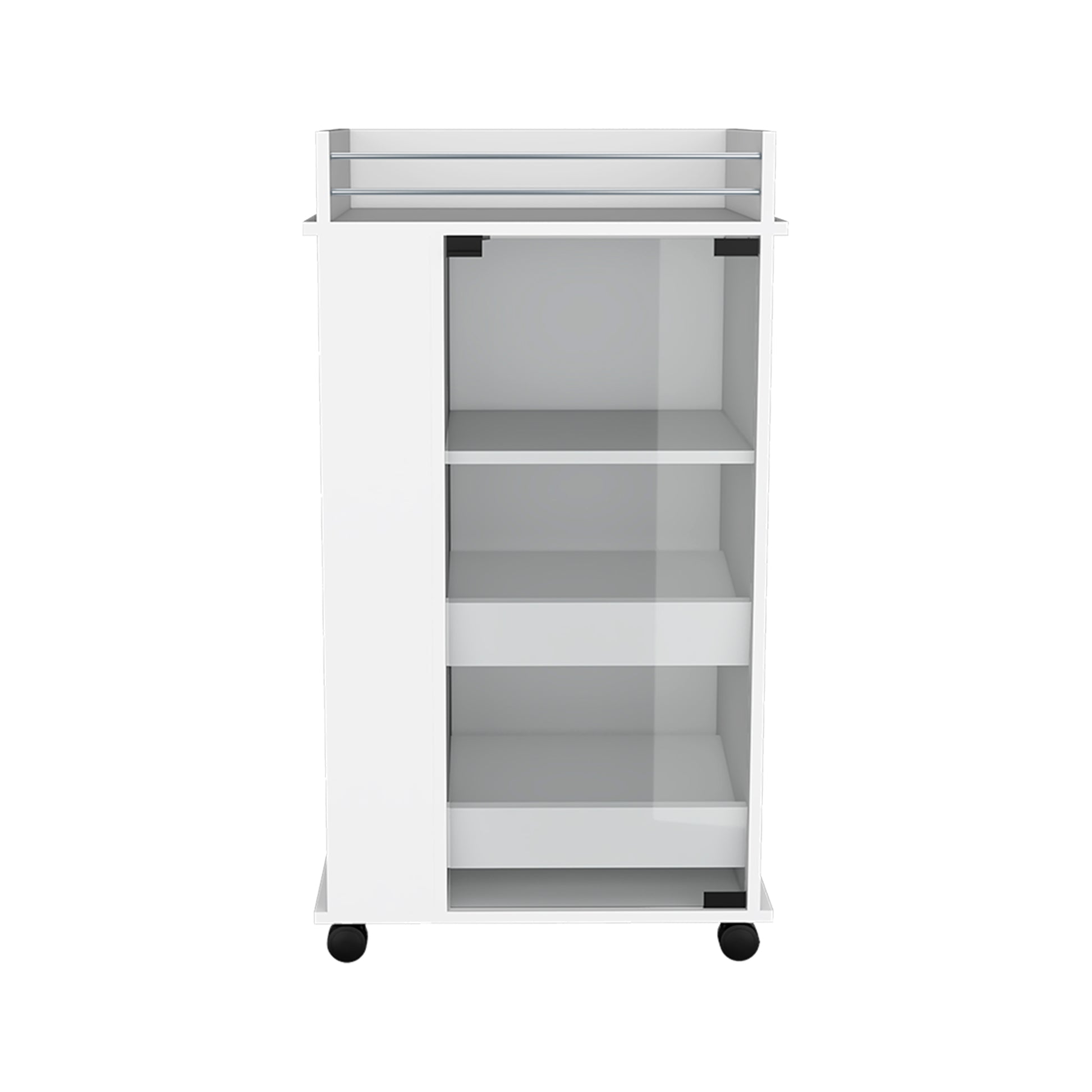 White rolling cart with open shelves and a side panel