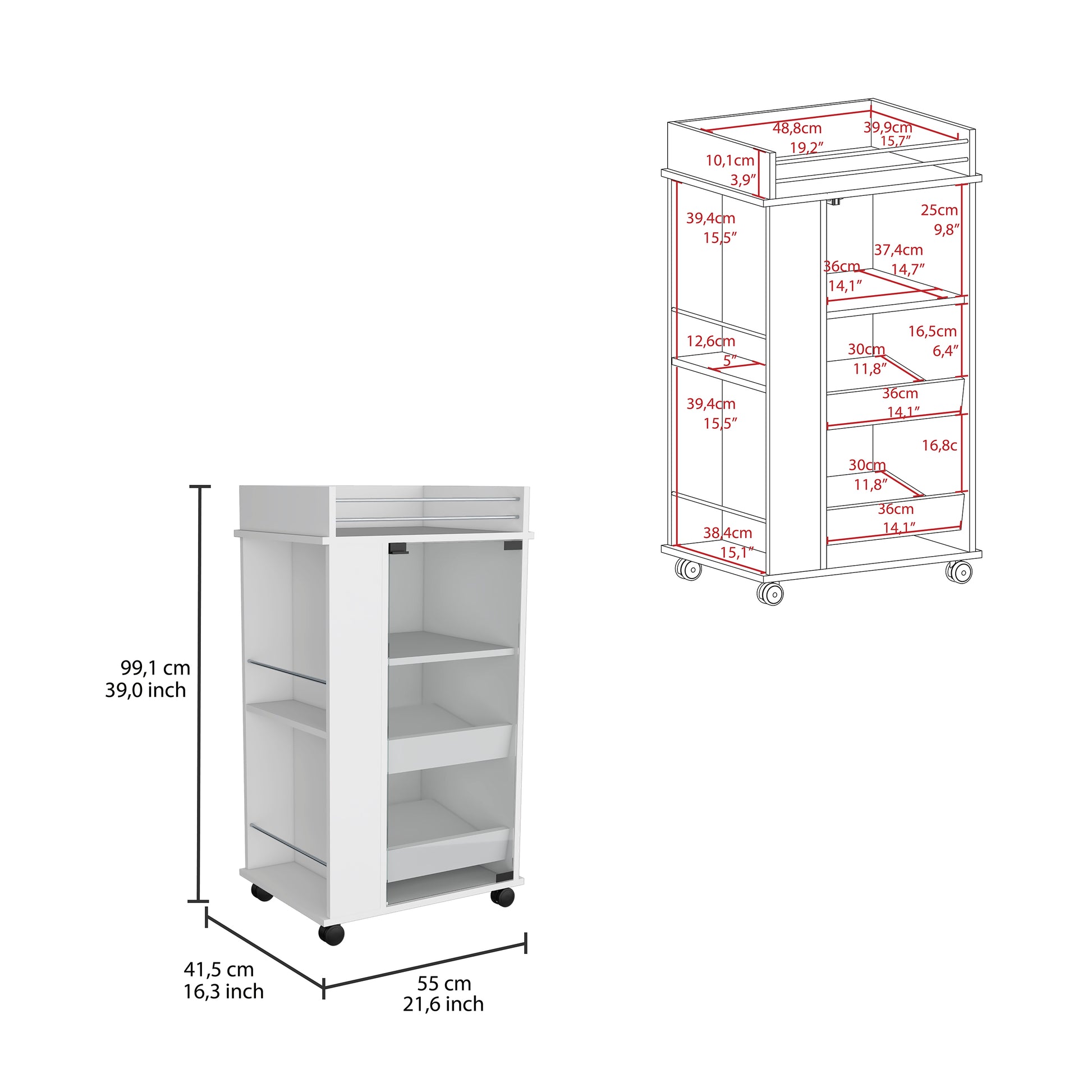 White rolling kitchen cart with multiple shelves and a drawer
