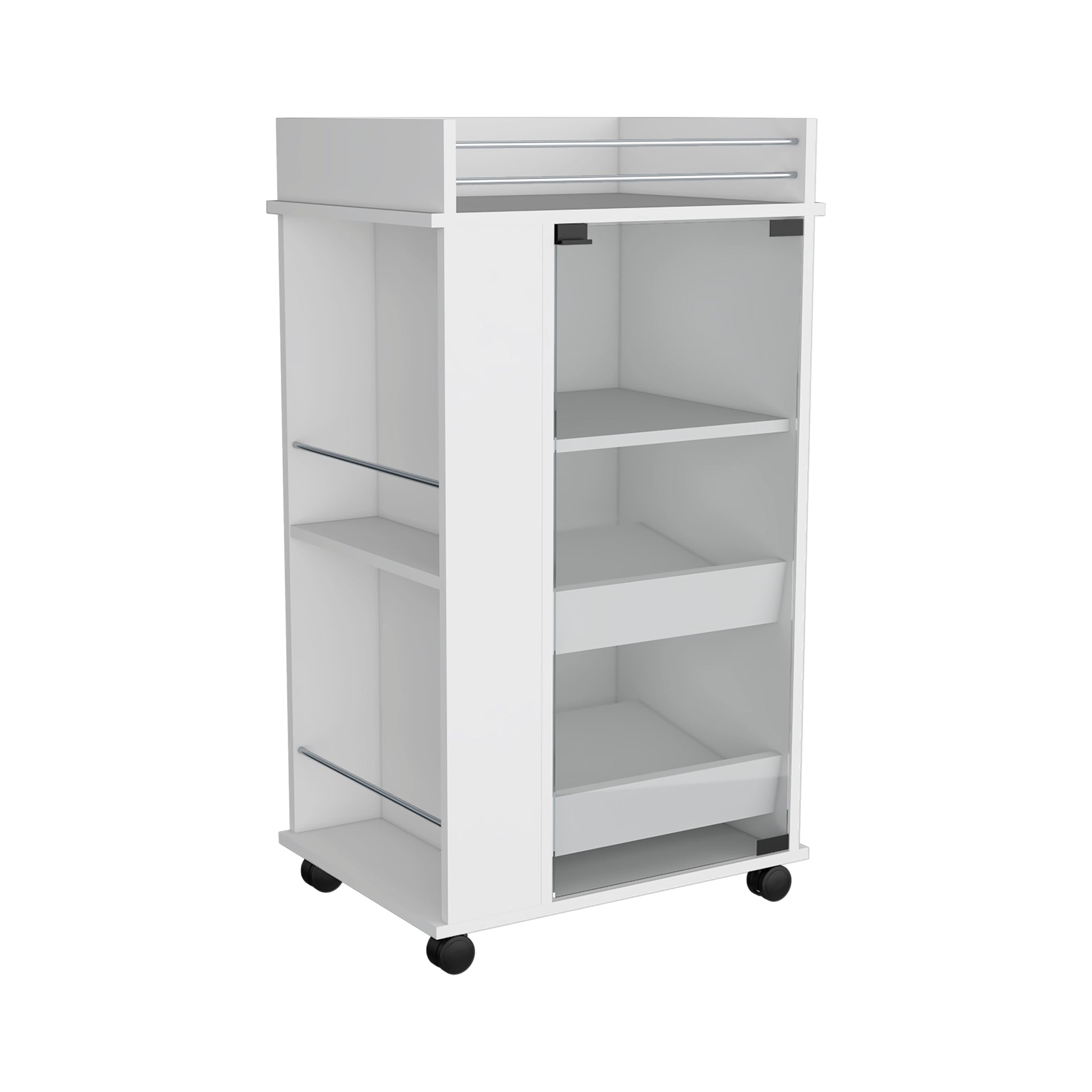 White salon trolley with four shelves and metal towel rack