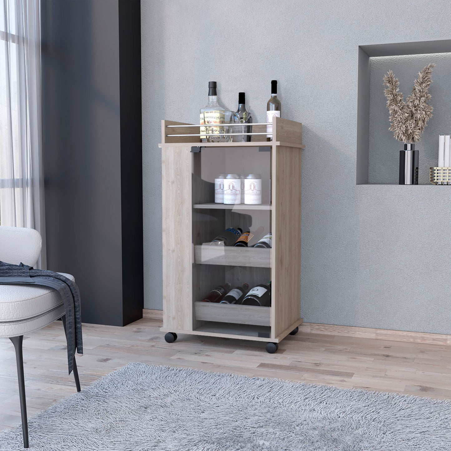 Light oak mobile bar cart with wine bottles and cans