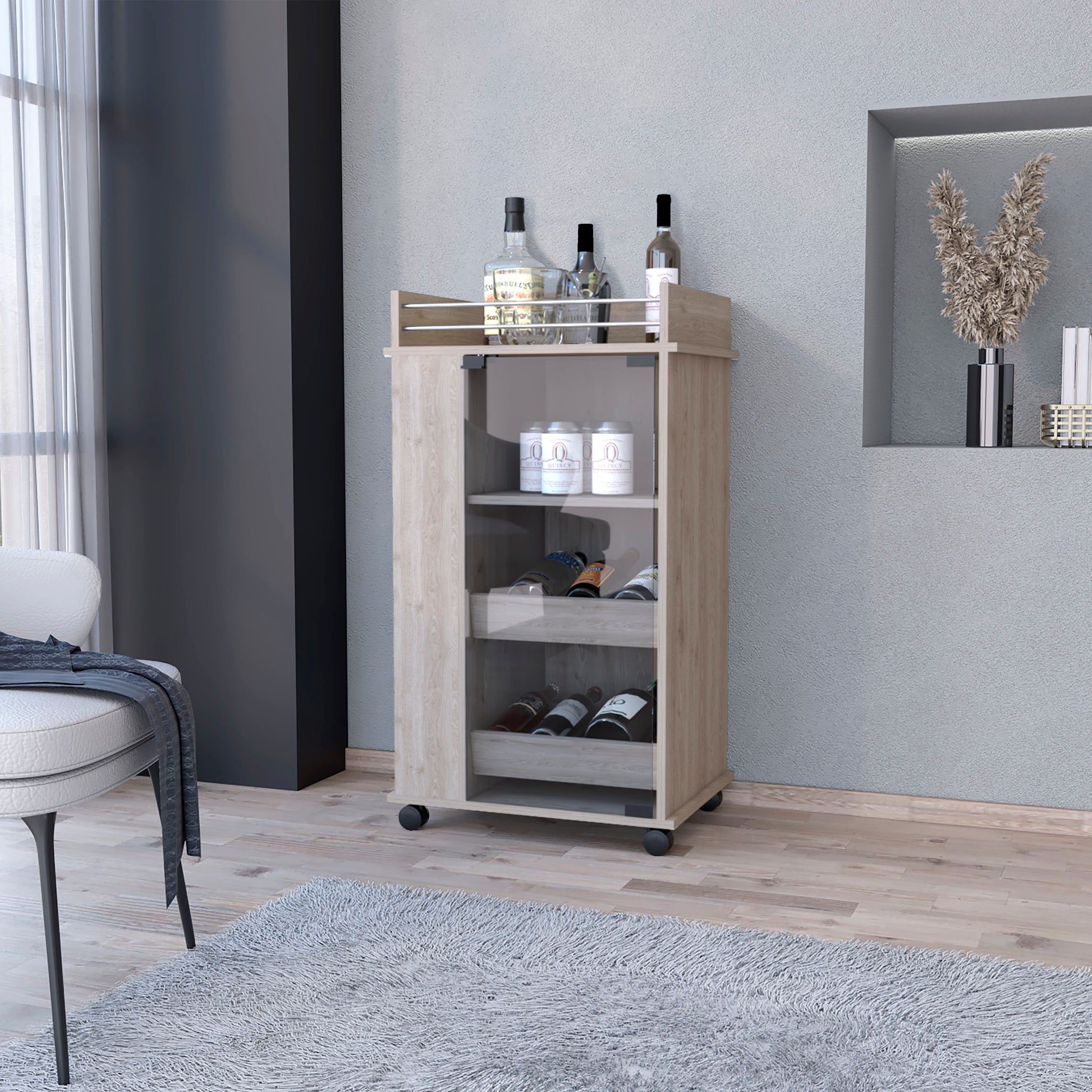 Light oak mobile bar cart with wine bottles and cans
