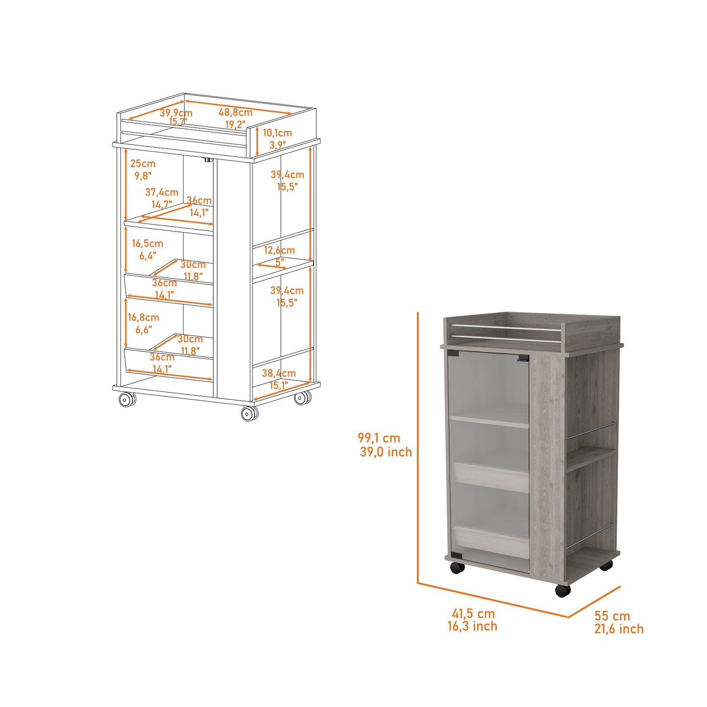 Gray wood kitchen cart with glass door and caster wheels