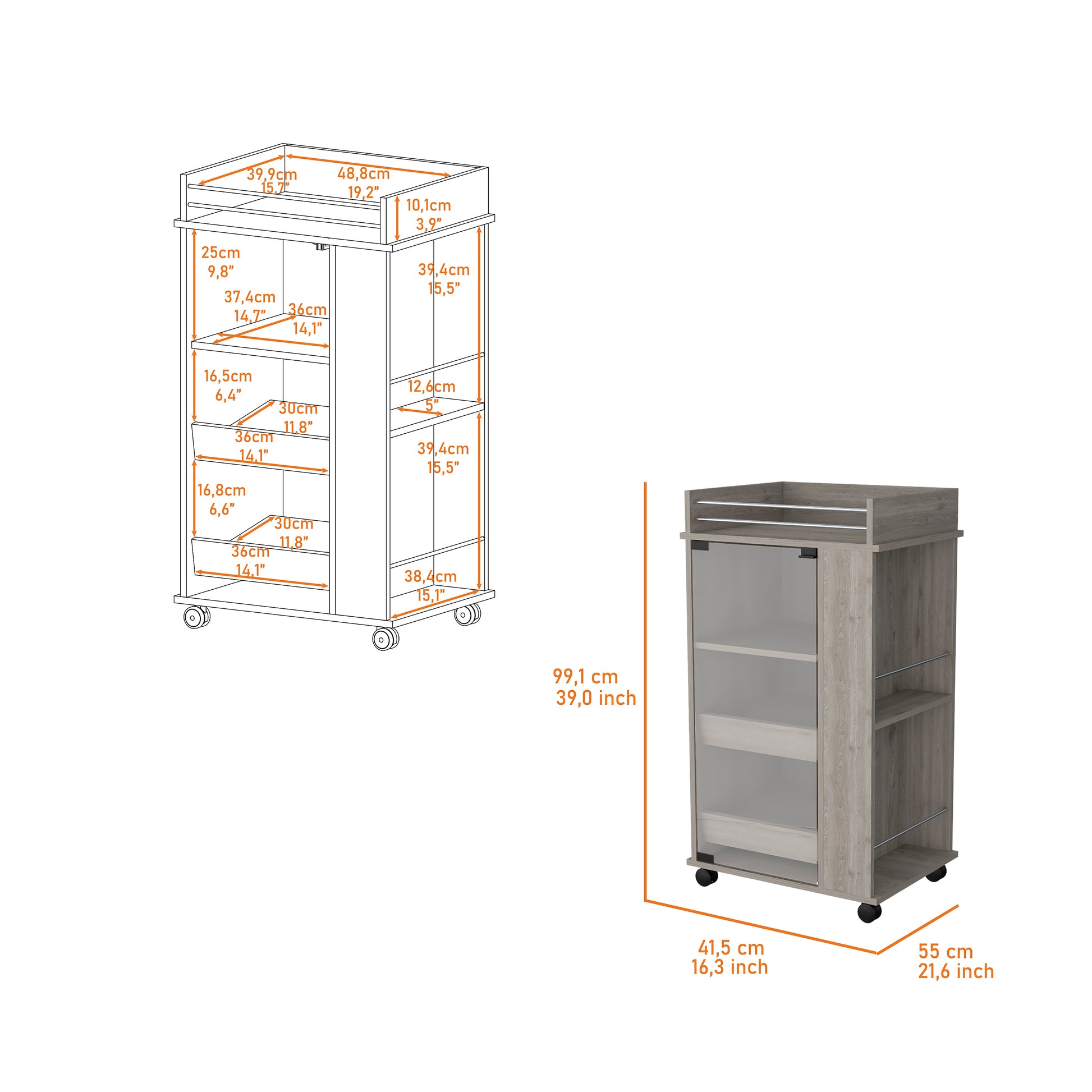 Gray wood kitchen cart with glass door and caster wheels
