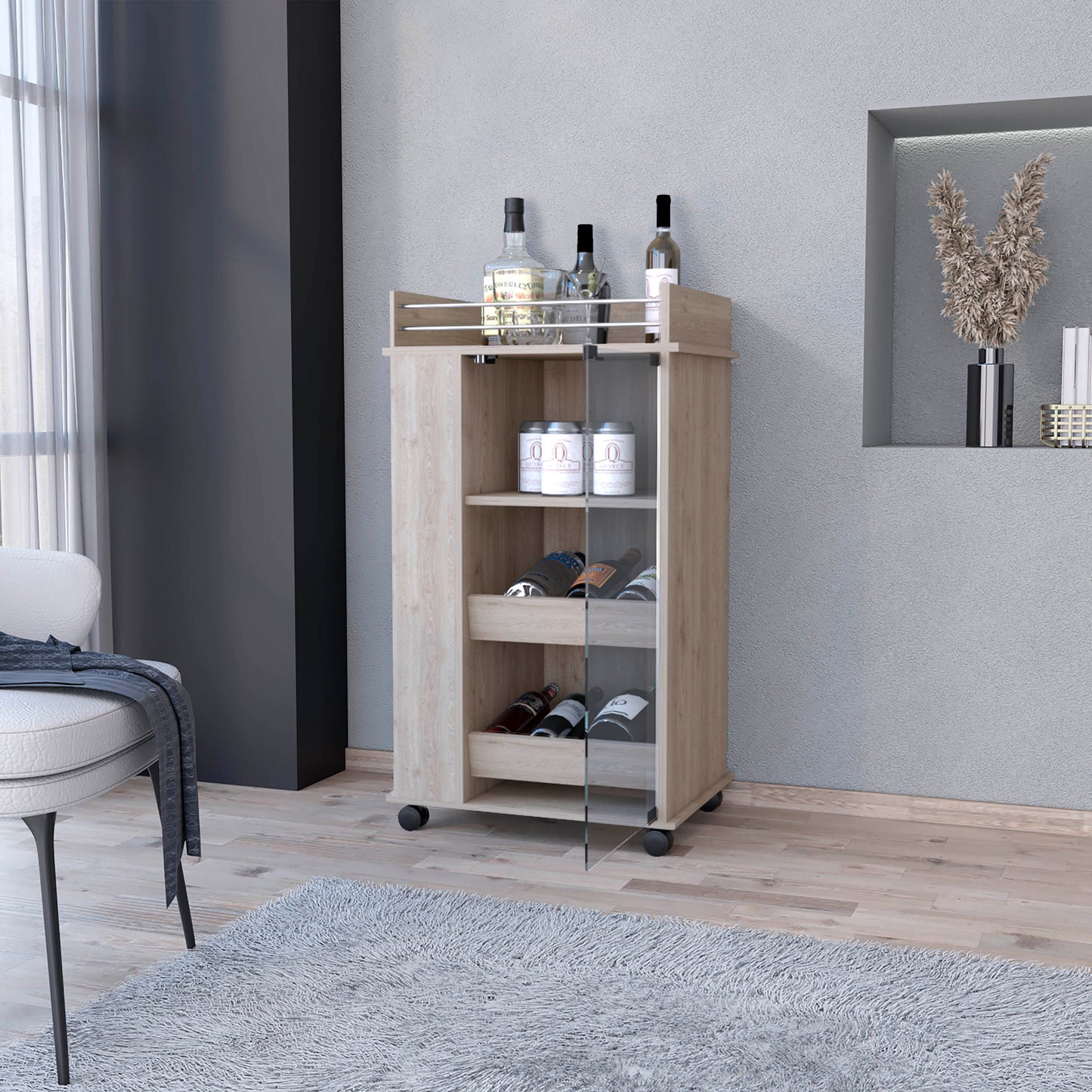 Light wood bar cart with glass doors holding wine bottles and cans
