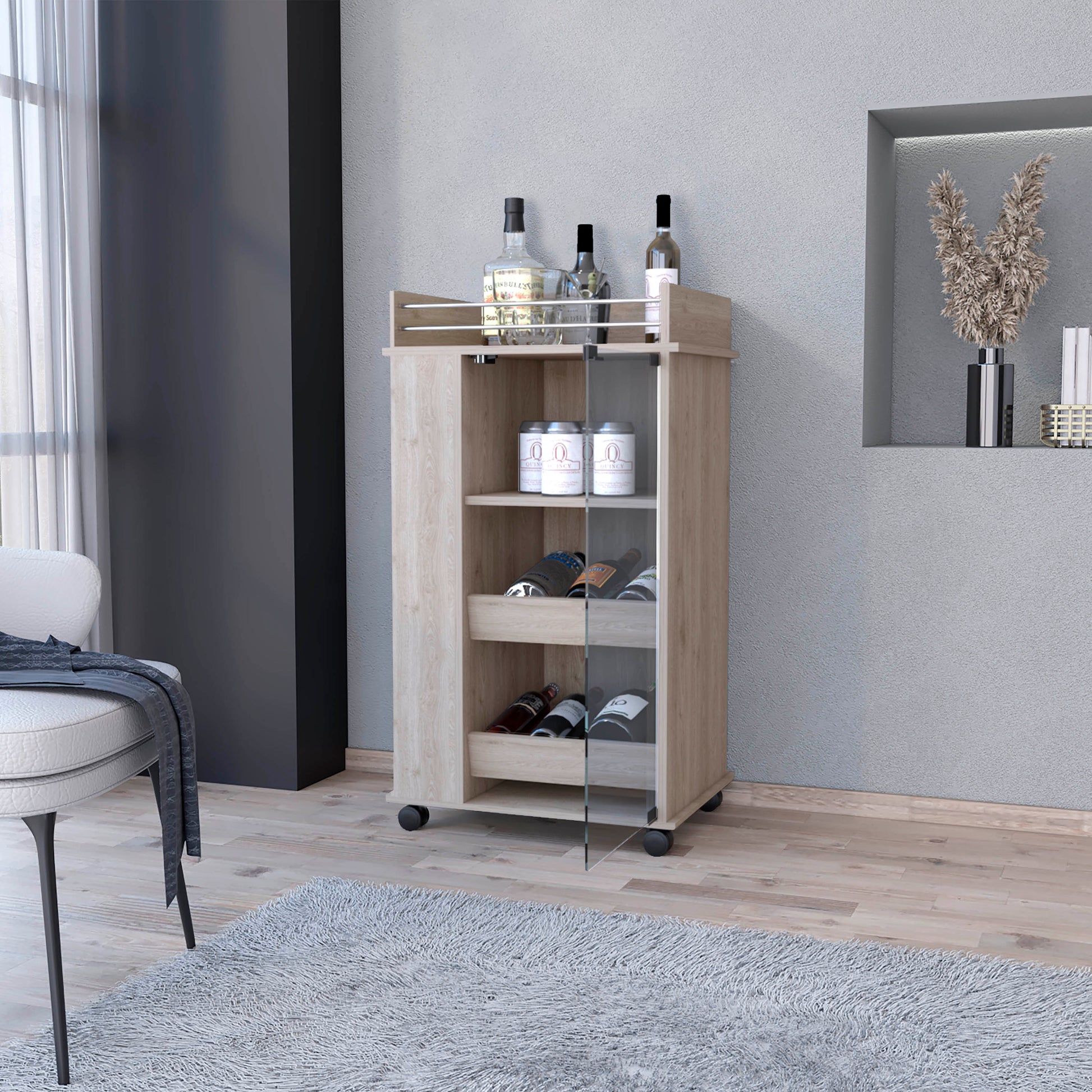 Light wood bar cart with glass doors holding wine bottles and cans