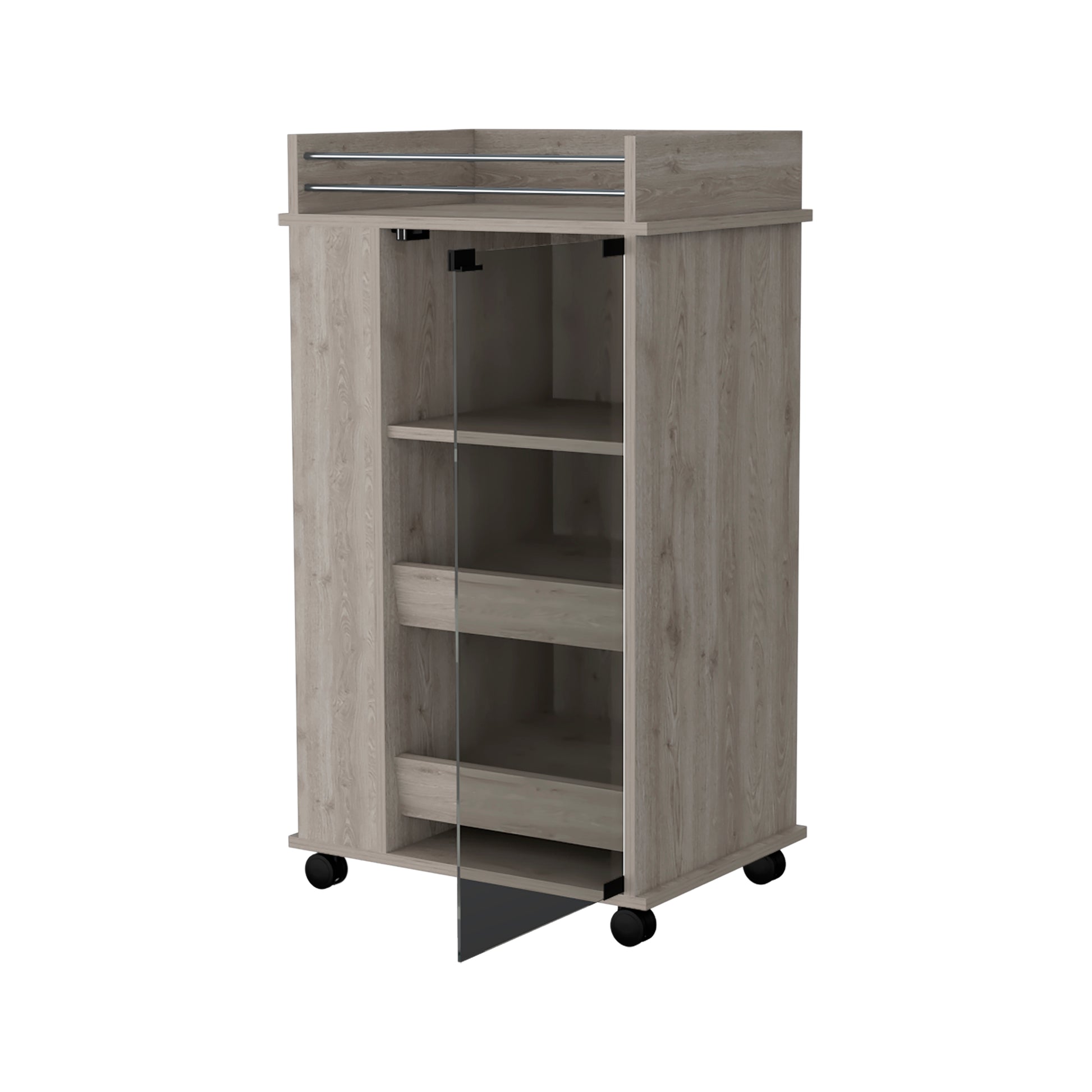 Light oak rolling storage cart with glass door and open shelves