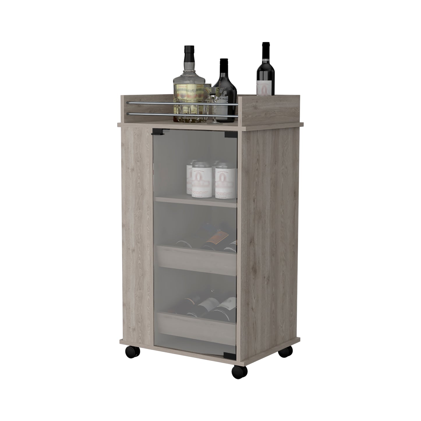 Wooden bar cart with glass doors and bottle storage