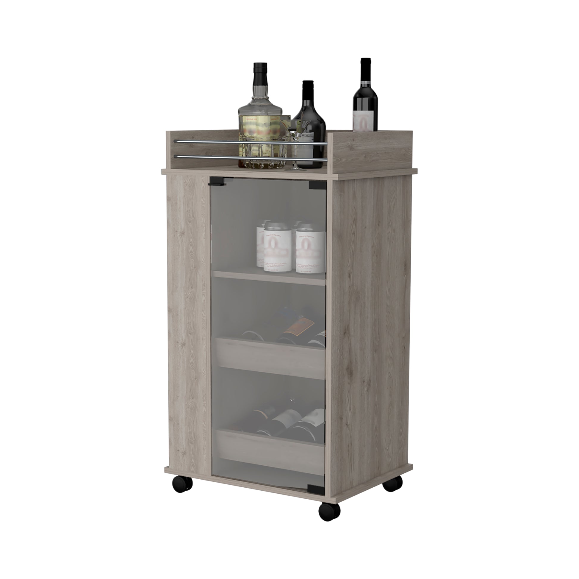 Wooden bar cart with glass doors and bottle storage