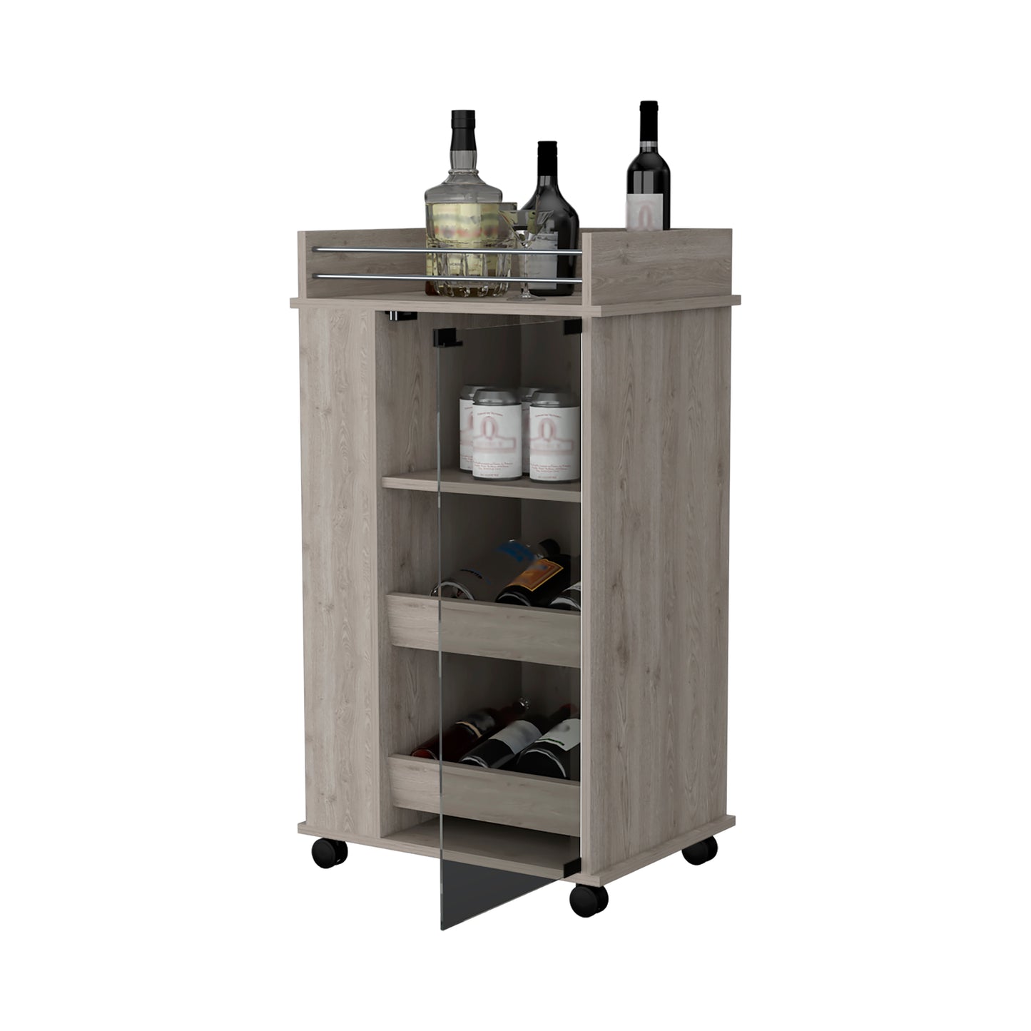 Modern oak finish bar cart with glass door and wine racks