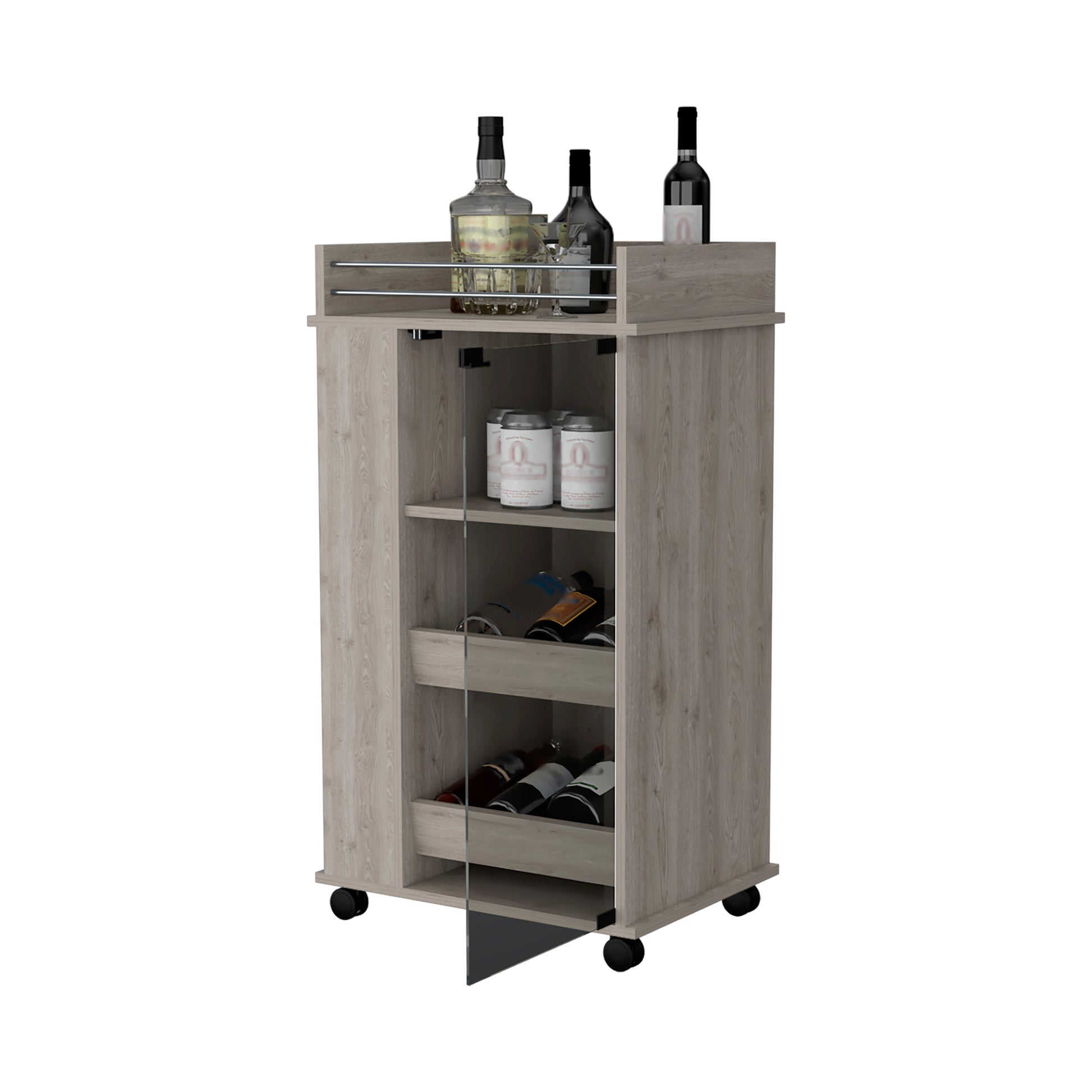 Modern oak finish bar cart with glass door and wine racks