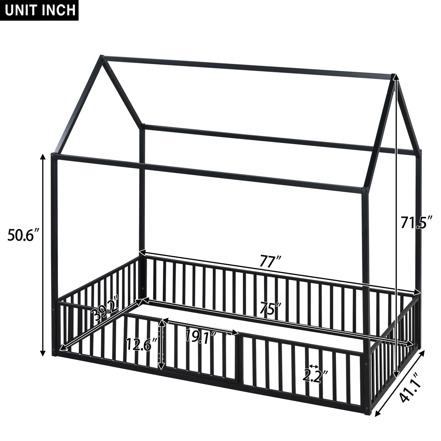 Black metal house bed frame for children