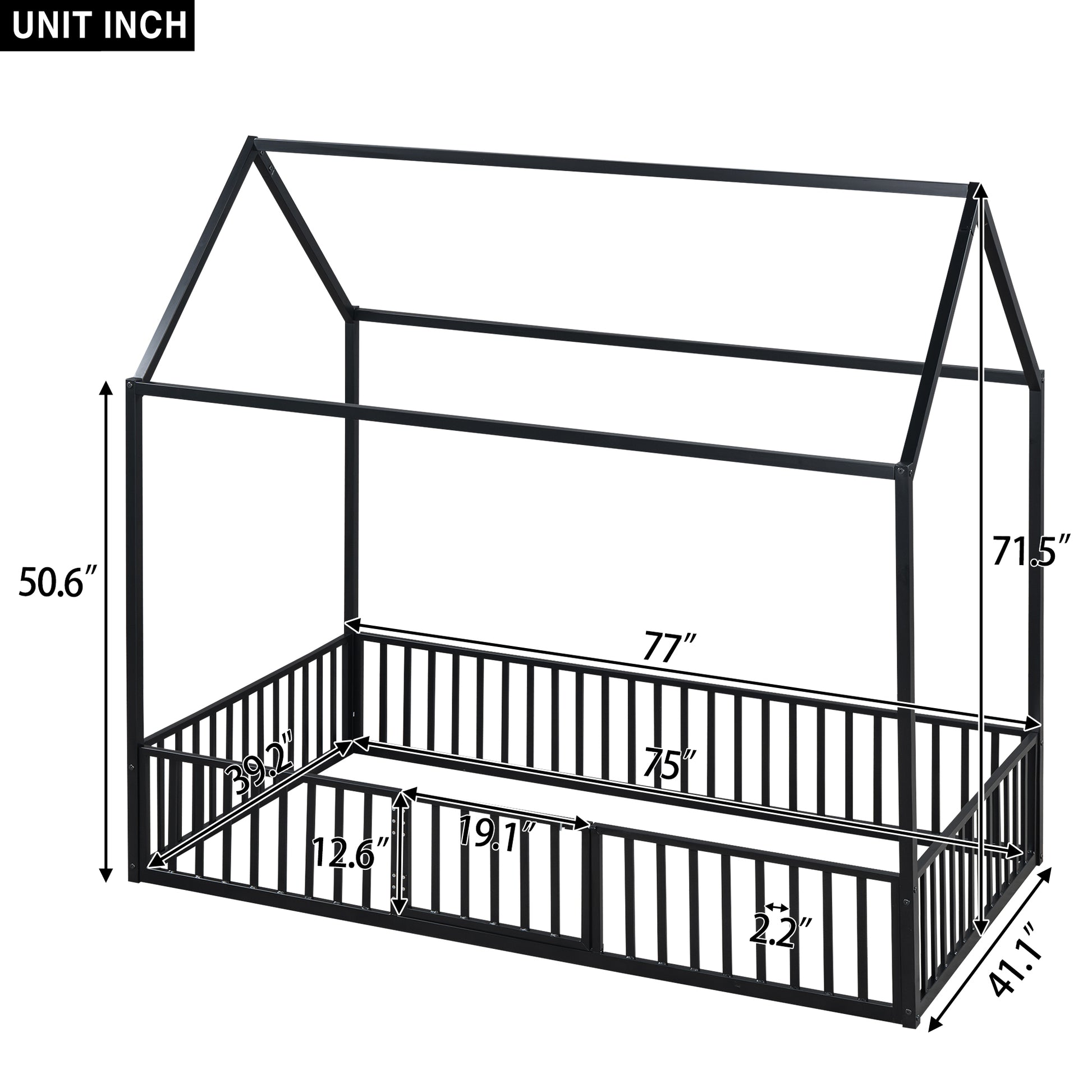 Black metal house bed frame for children