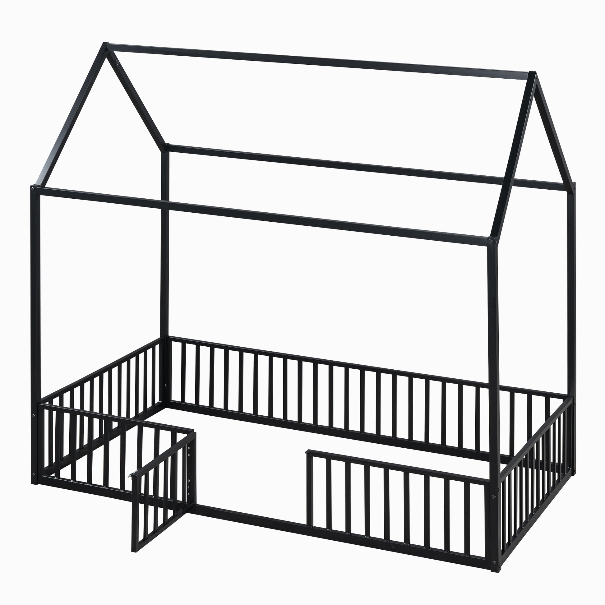 Black metal house frame bed for toddlers with safety rails