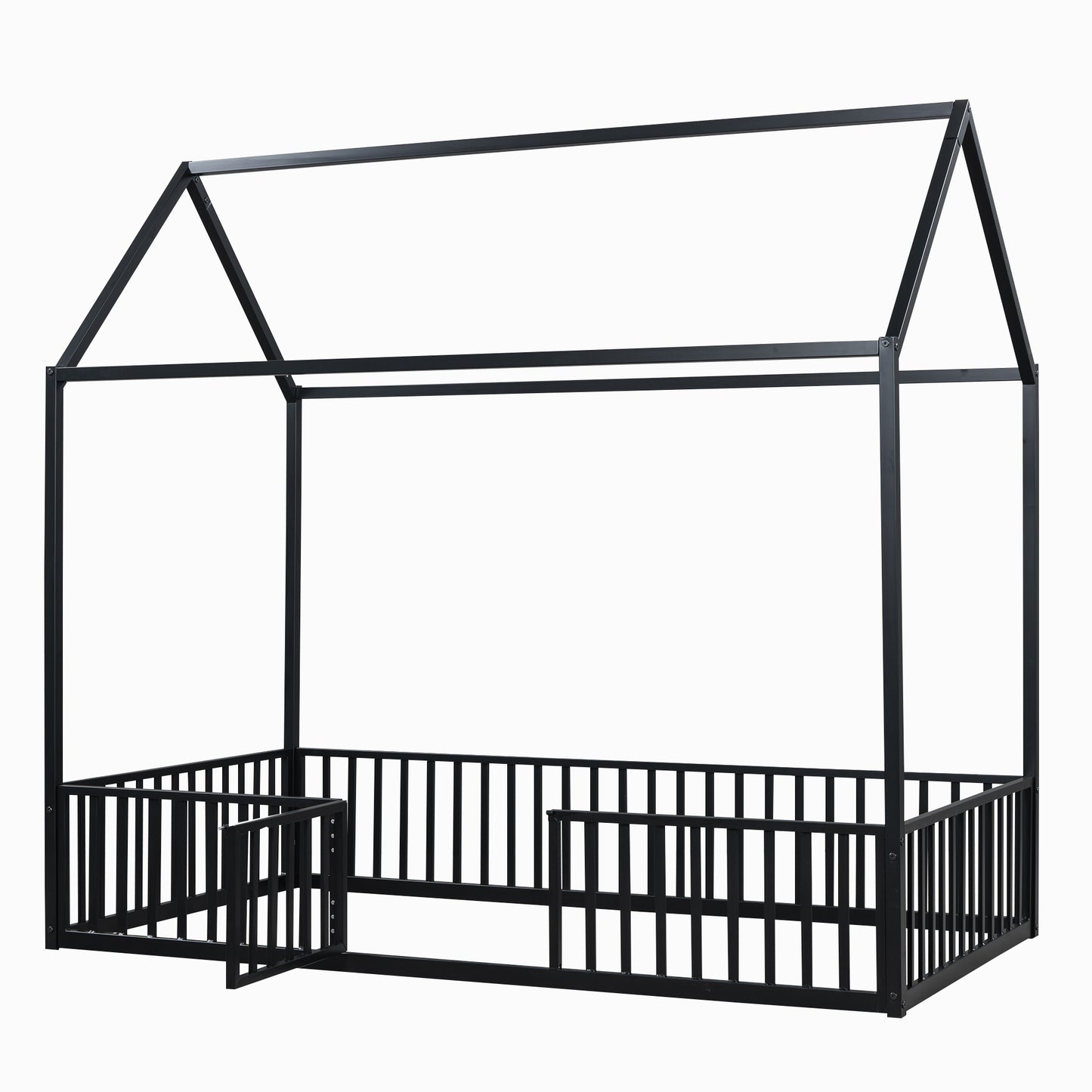 Black metal house bed frame with safety rails for children