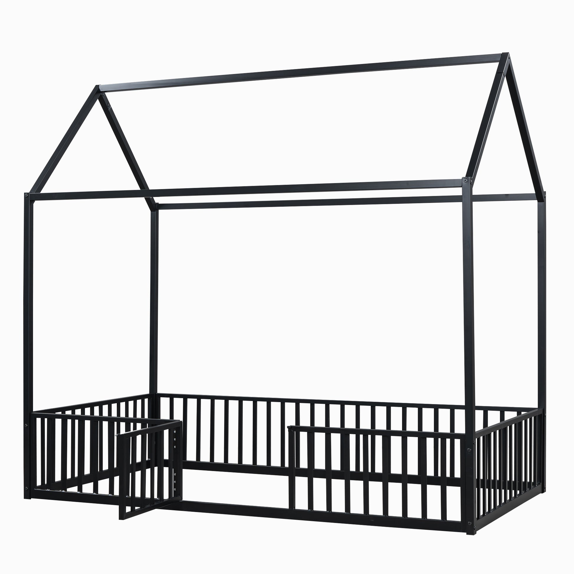 Black metal house bed frame with safety rails for children