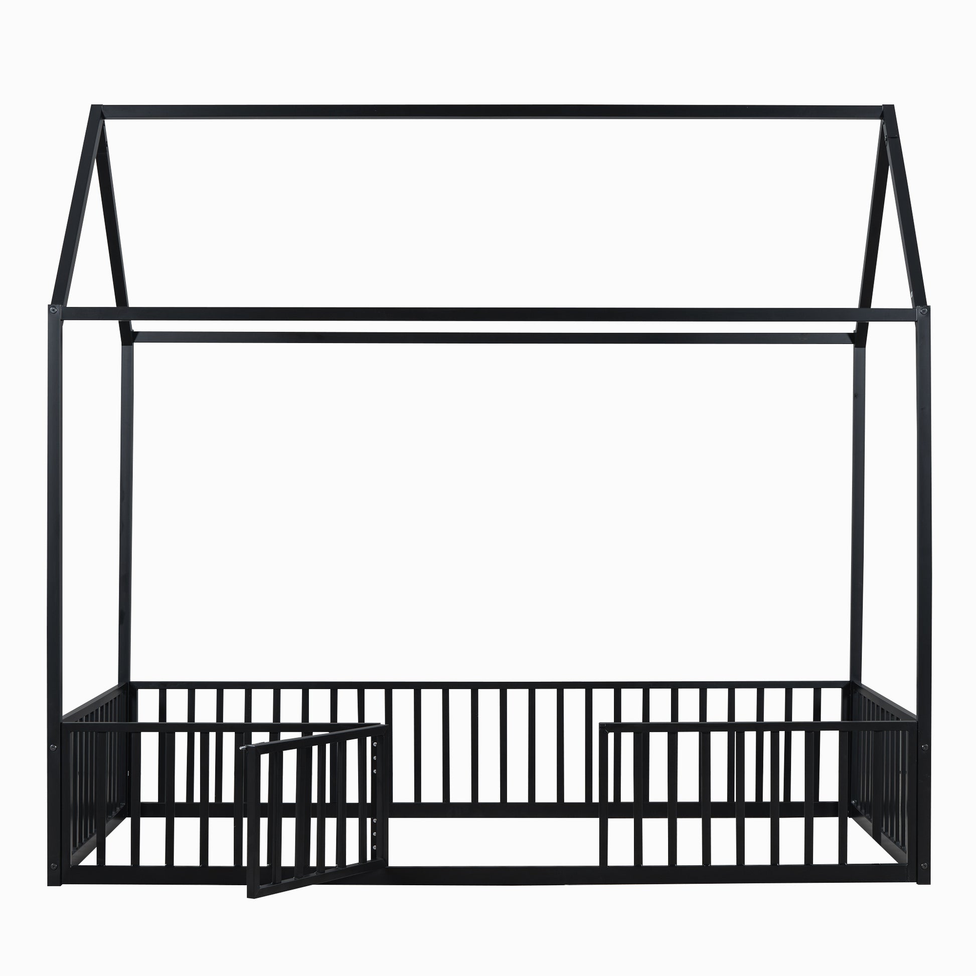 Black metal house bed frame with enclosed sides for toddlers
