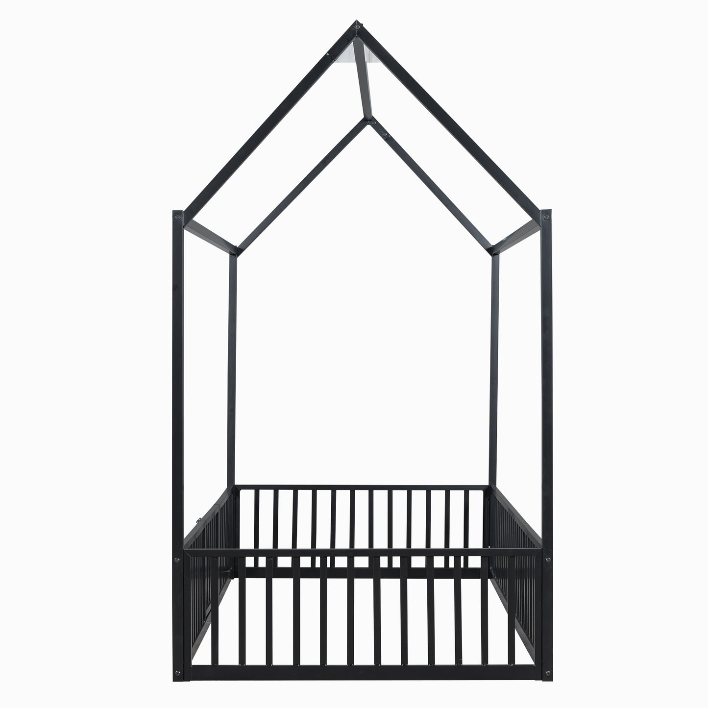 Black metal house bed frame with railings for kids