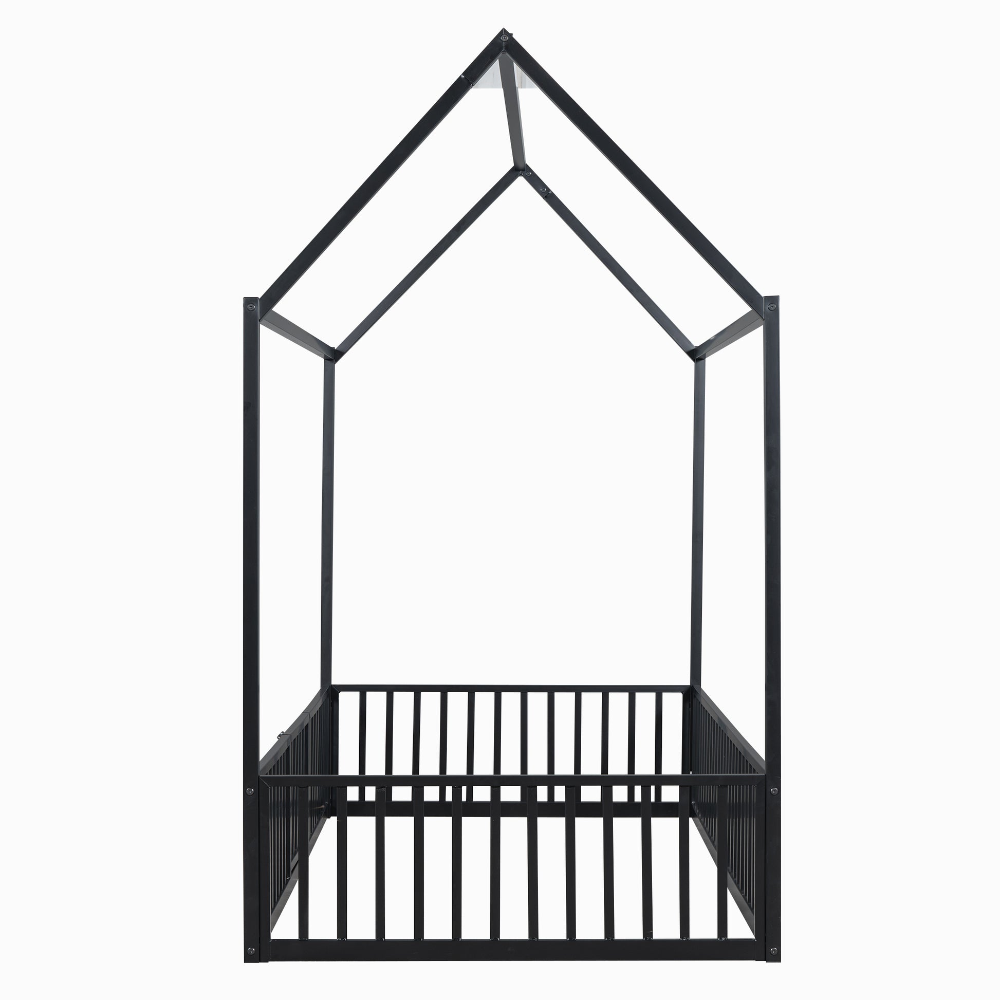 Black metal house bed frame with railings for kids