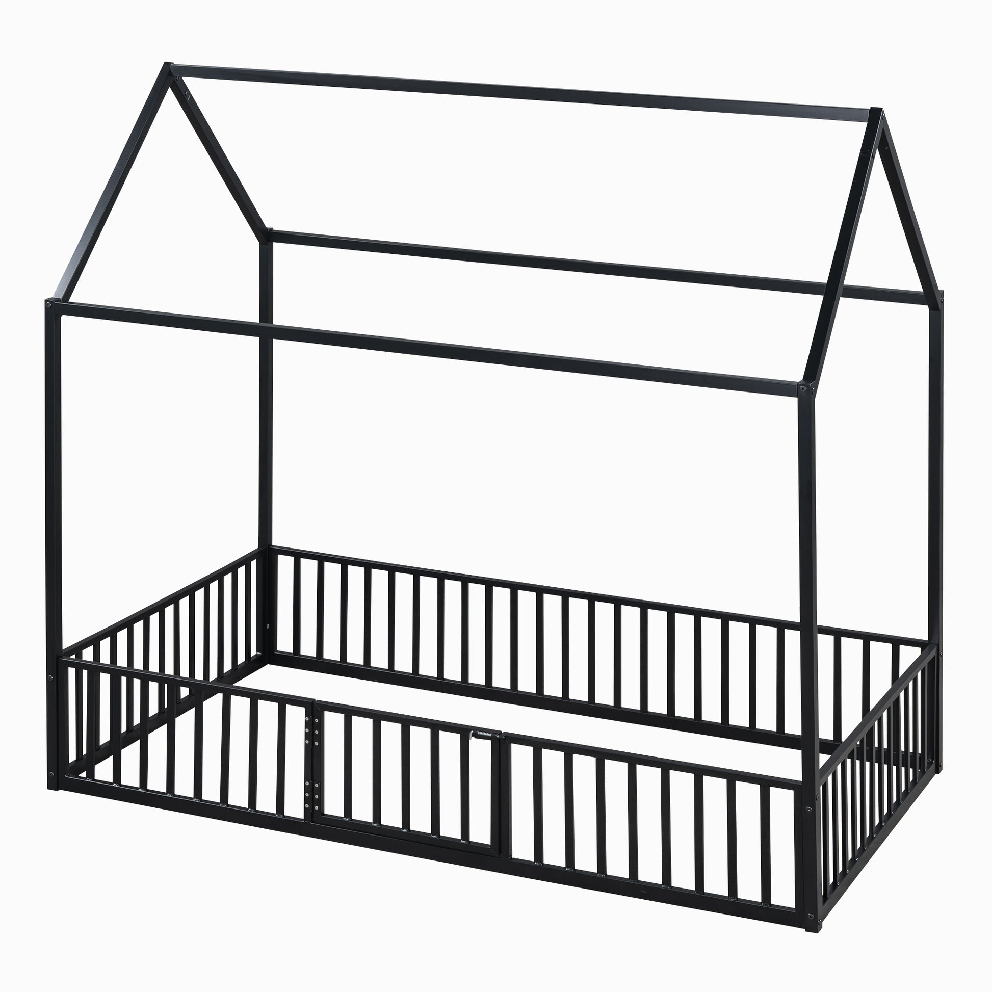 Black metal house bed frame with rails