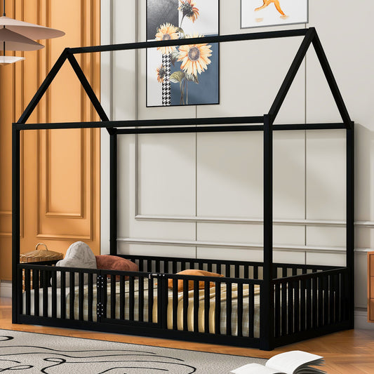 Black wooden house bed frame with guardrails for toddlers