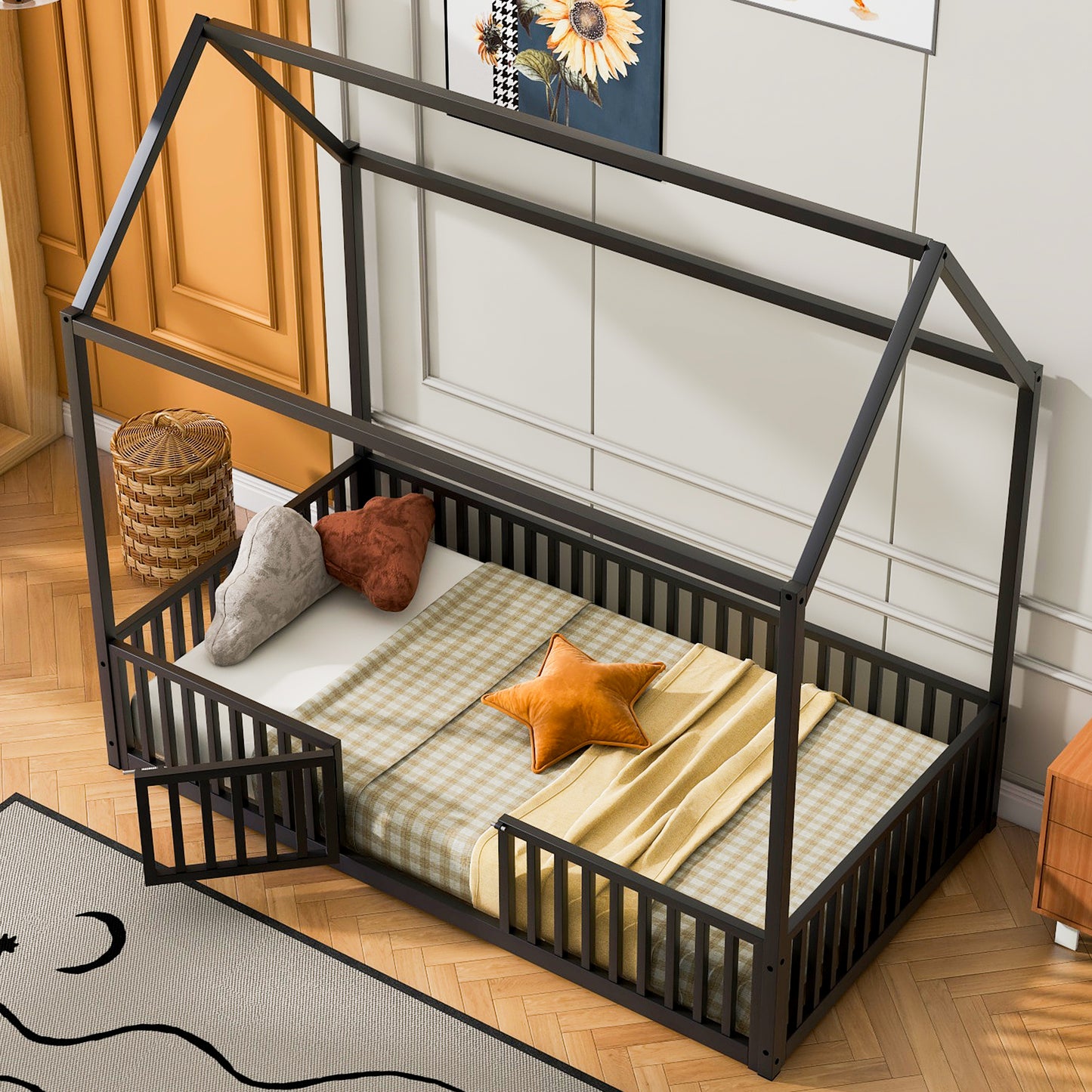 Dark metal house bed frame with twin mattress plaid bedding and star pillow