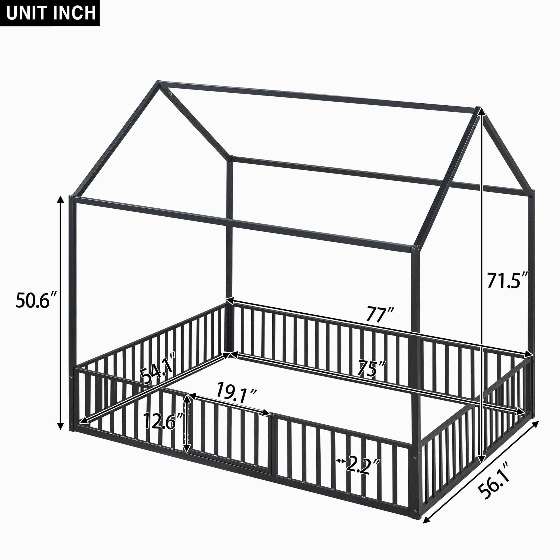 Black metal house bed frame with dimensions displayed