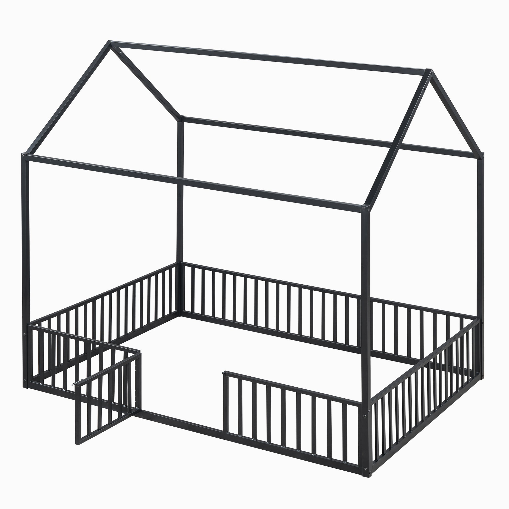 Black metal house frame bed for kids with safety rails