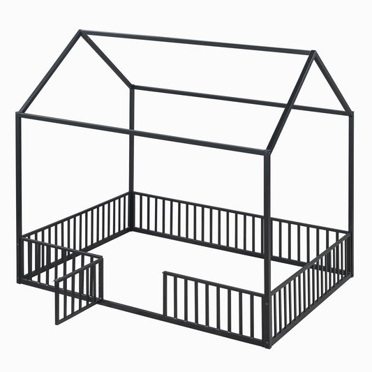 Black metal house frame bed for kids with safety rails