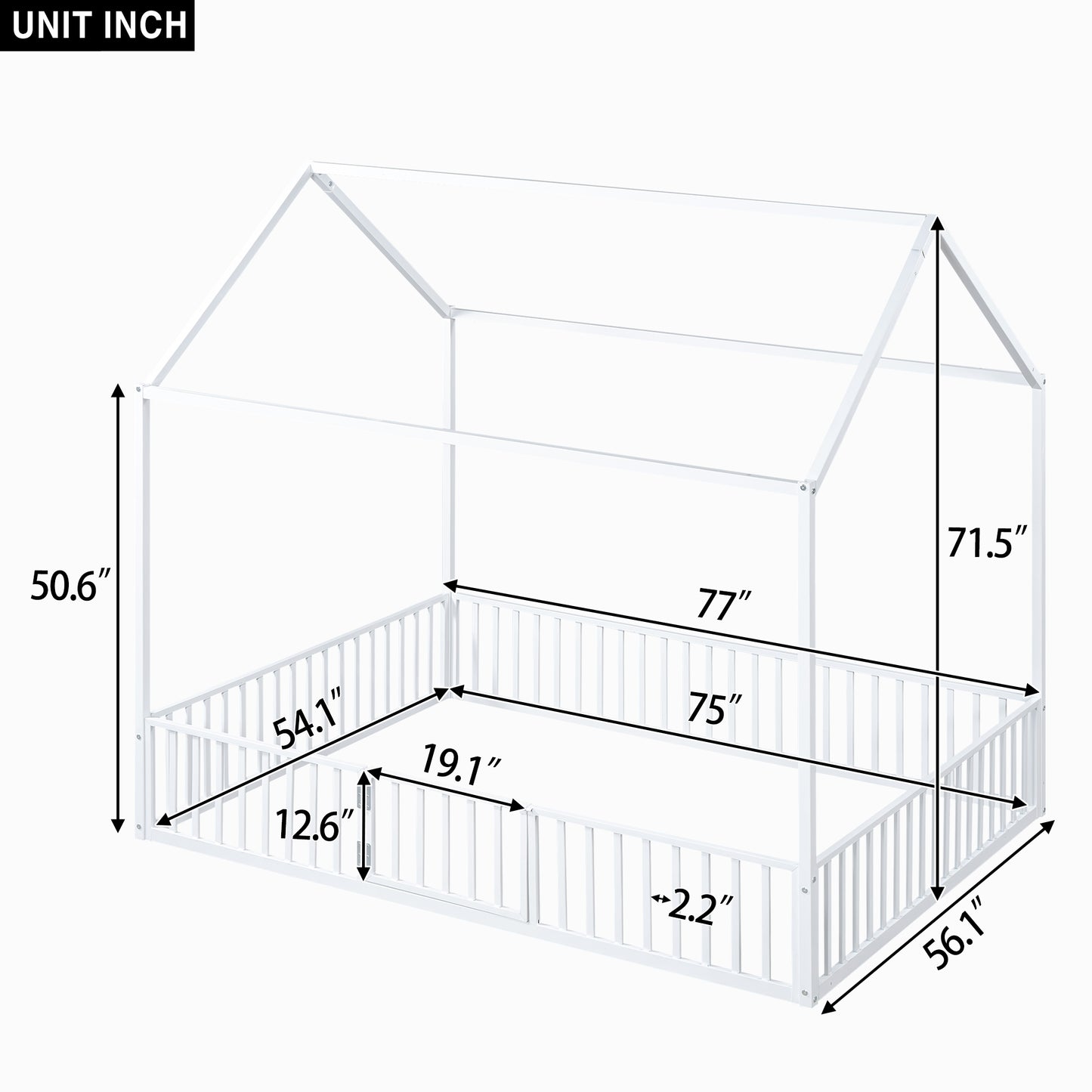 White twin house bed frame with safety rails and dimensions