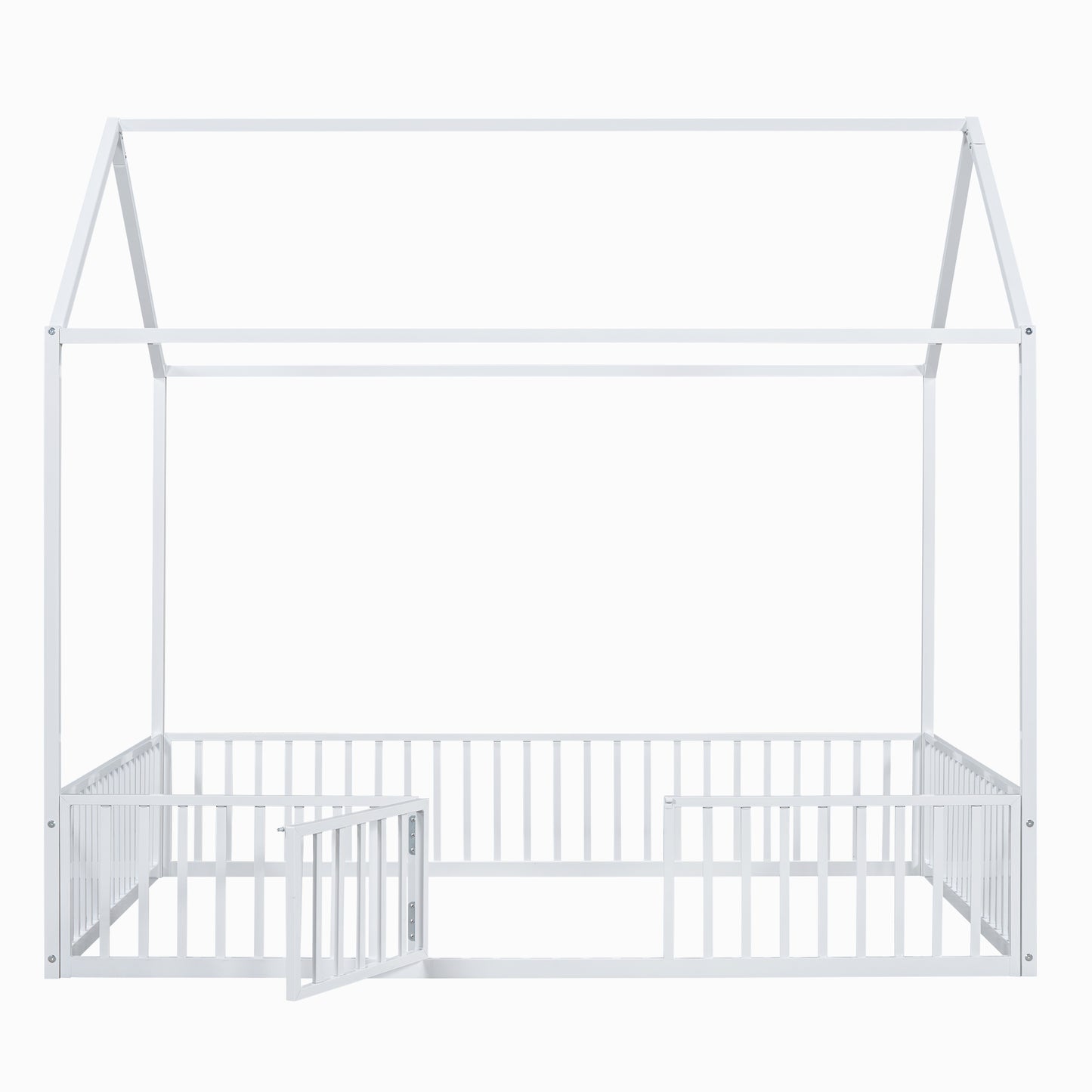 White metal house frame bed with safety rails and open gate for toddler comfort