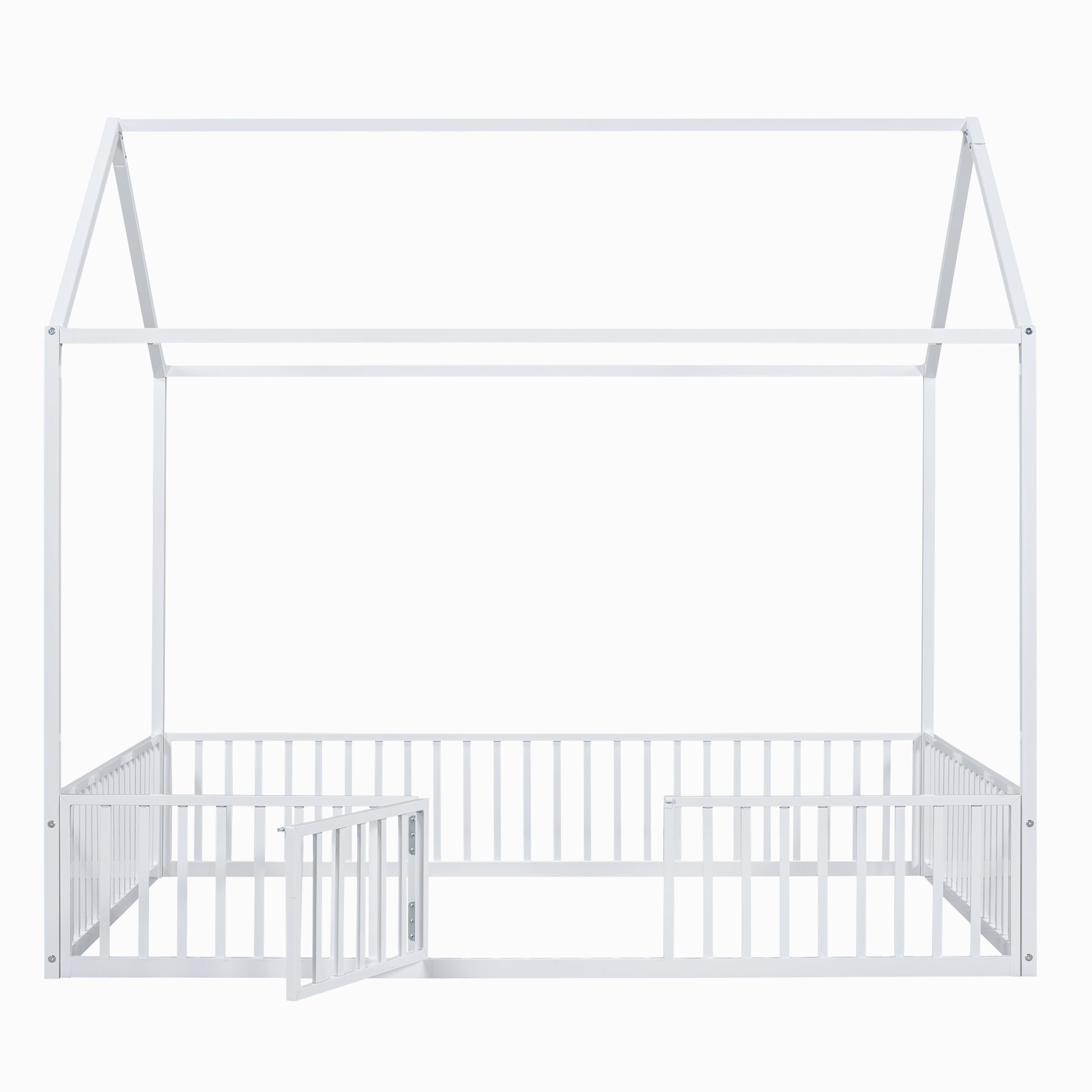 White metal house frame bed with safety rails and open gate for toddler comfort