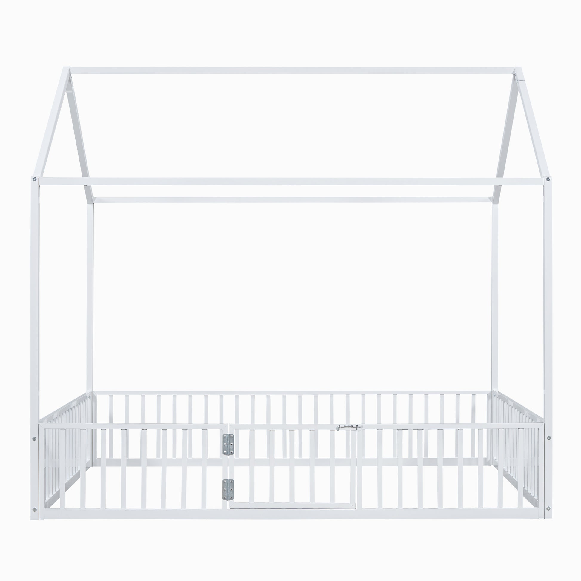 White metal house bed frame with safety rails for toddlers