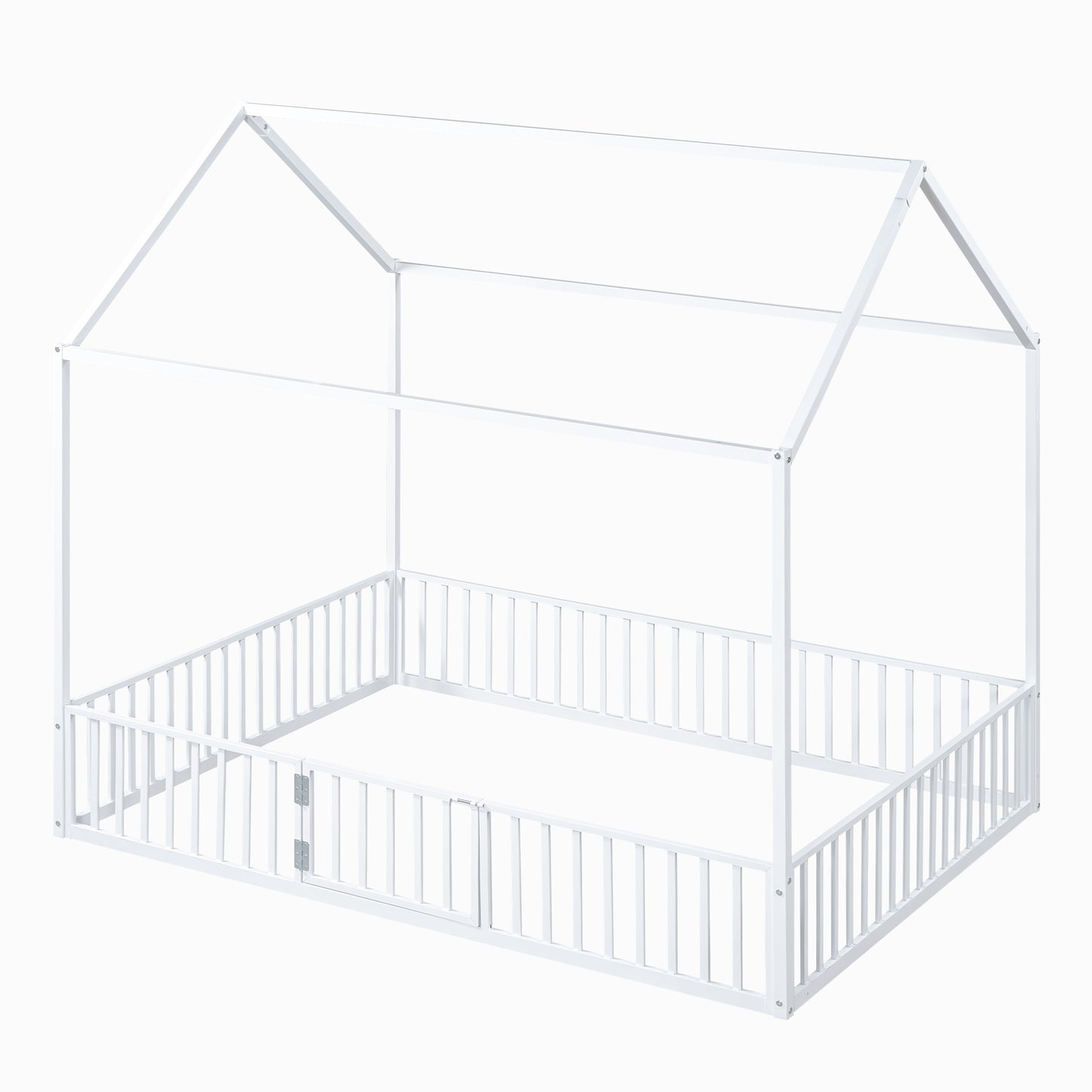 White metal house frame bed with safety rails