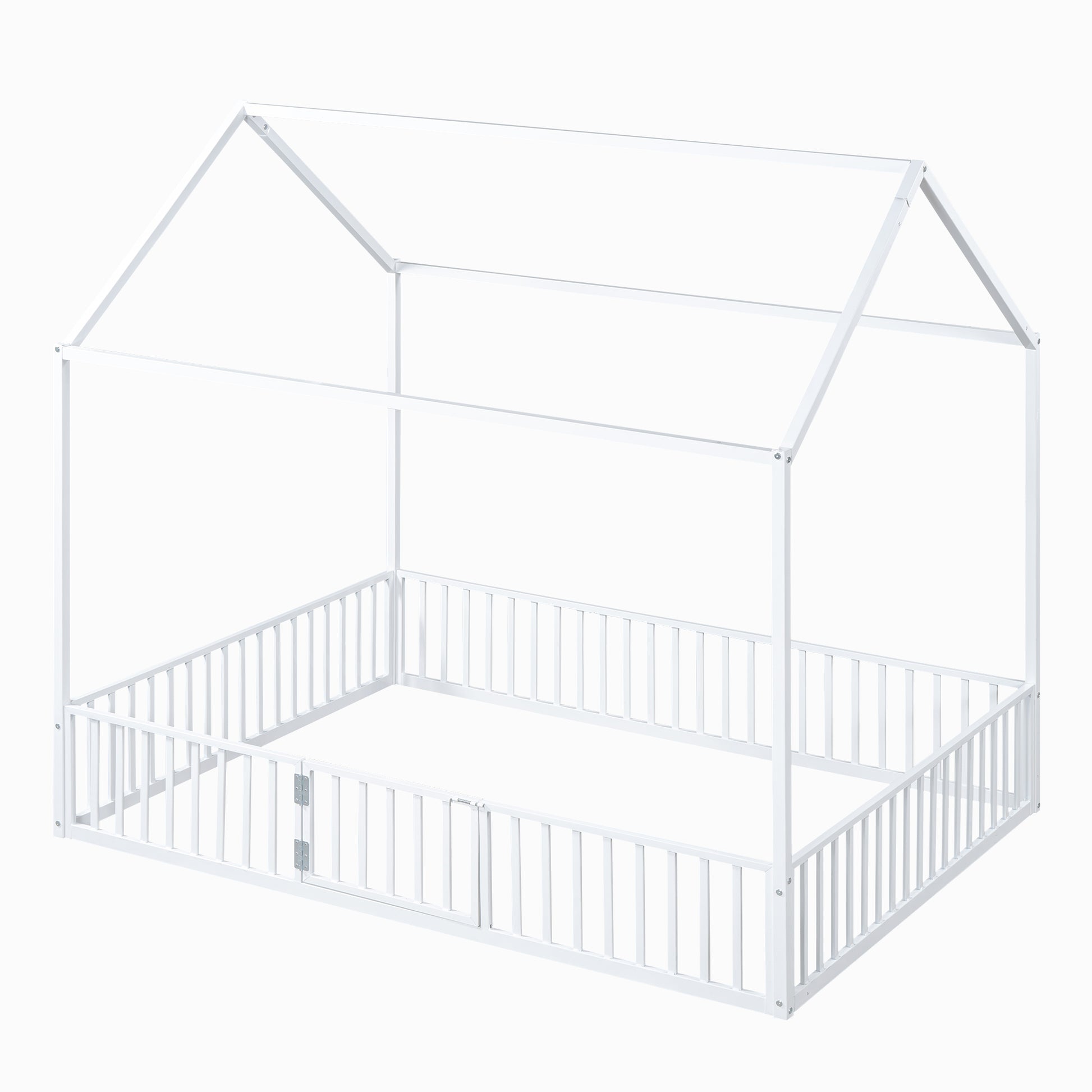 White metal house frame bed with safety rails