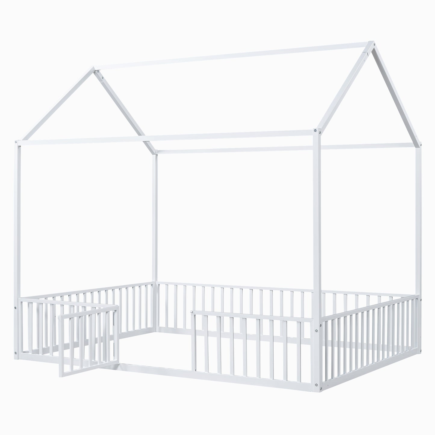 White metal house bed frame with railings for toddlers