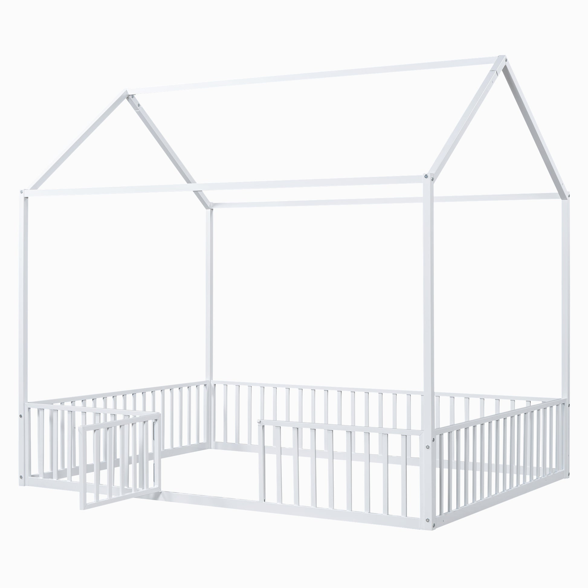White metal house bed frame with railings for toddlers