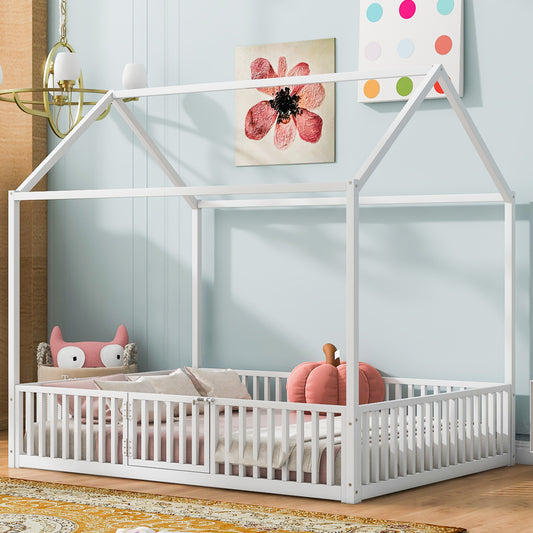 White wooden house frame toddler bed with protective railing