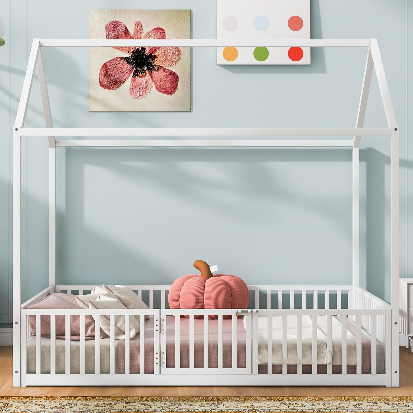 White wooden house bed frame with safety rails and bedding